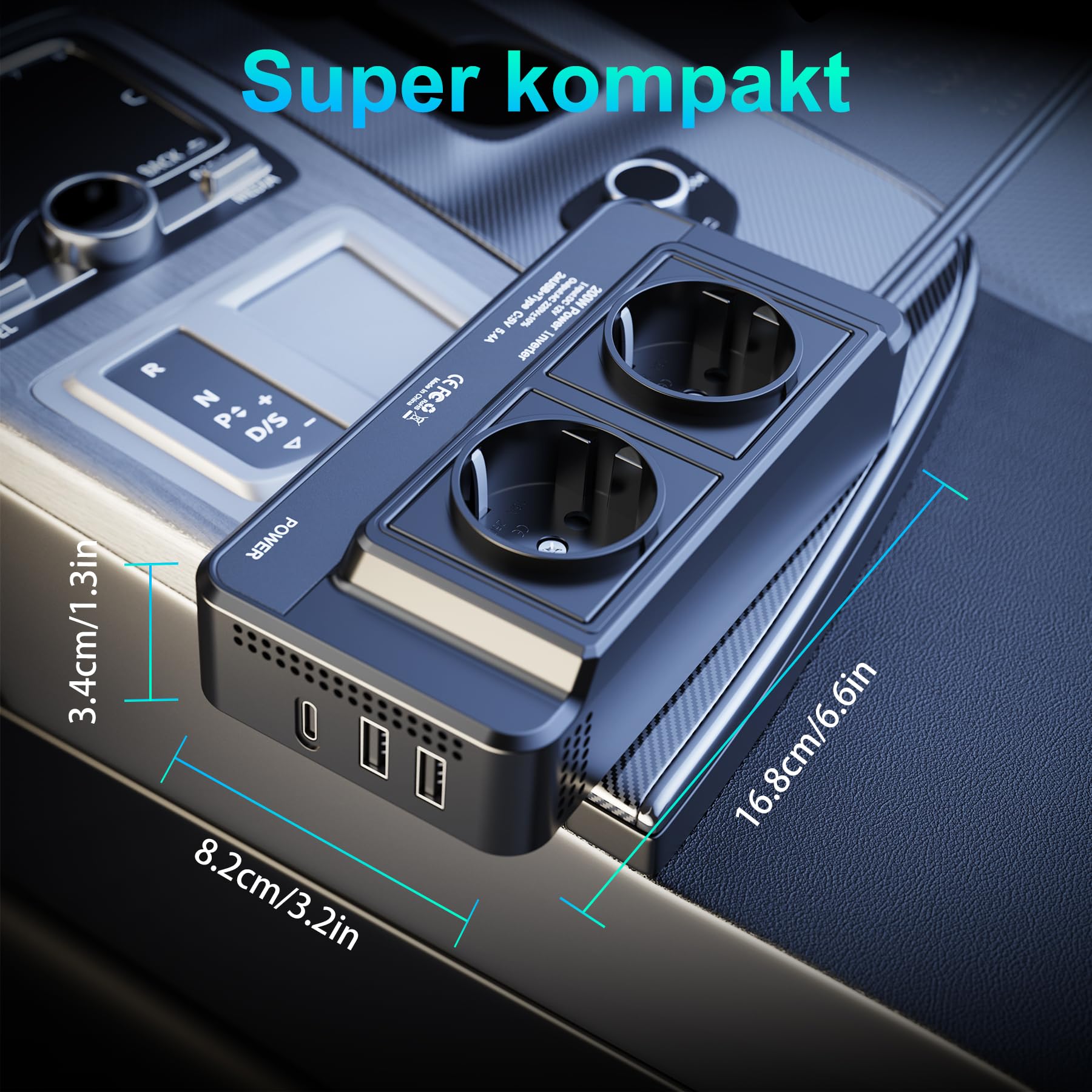 200 W Auto-Spannungswandler, Wechselrichter, DC 12 V auf AC 230 V, mit 2 Steckdosen und 3 USB-Anschlüssen, Schnelllade-Autoladegerät mit Zigarettenanzünderstecker für Geschäftsreisen und Urlaub
