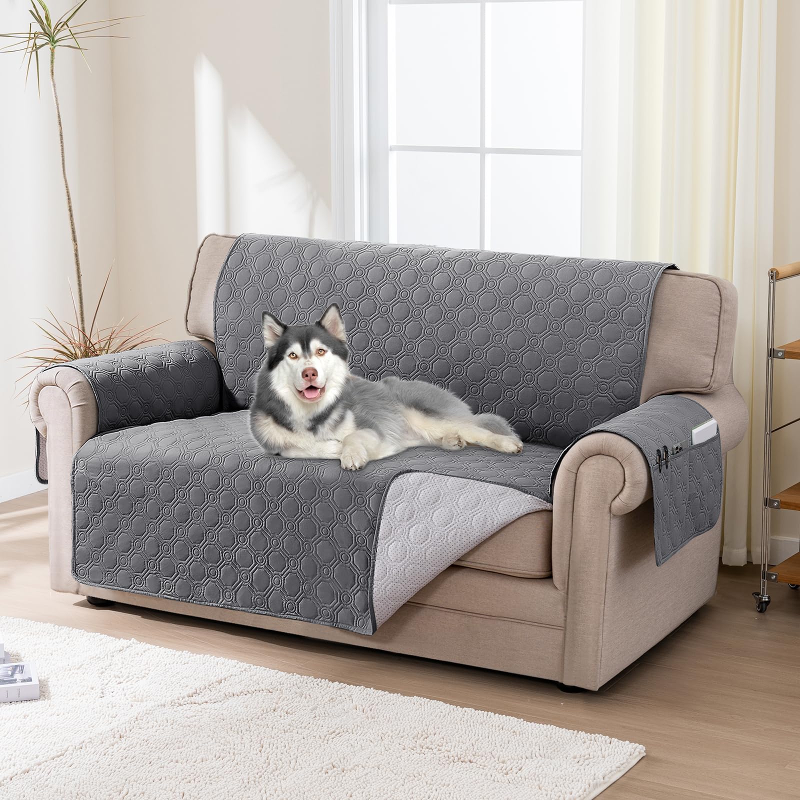 BellaHills Copridivano 2 Posti, Copricuscini Divano Con Tasche Portaoggetti, 100% Impermeabile Copridivano con Braccioli, Antiscivolo Antimacchia Copridivano, Seduta 120cm, Grigio