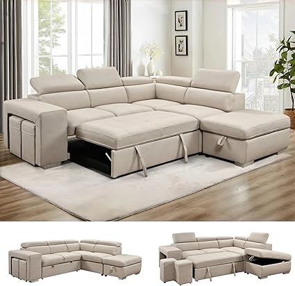 THSUPER 104'' Microfiber L Shaped Sectional Sleeper Sofa Couch with Pull Out Bed and Storage Ottoman, Convertible Couches with Adjustable Headrest for Living Room, Right Facing Chaise. Beige