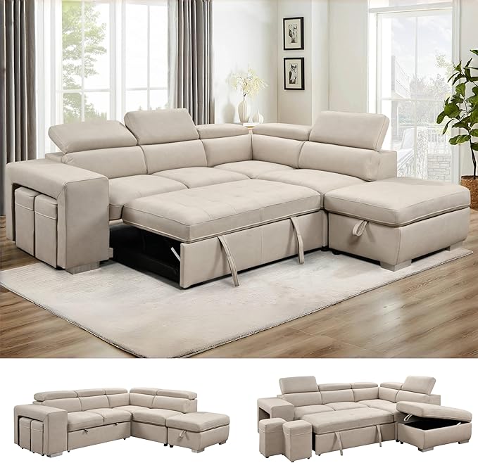 THSUPER 104'' Microfiber L Shaped Sectional Sleeper Sofa Couch with Pull Out Bed and Storage Ottoman, Convertible Couches with Adjustable Headrest for Living Room, Right Facing Chaise. Beige