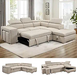 THSUPER 104'' Microfiber L Shaped Sectional Sleeper Sofa Couch with Pull Out Bed and Storage Ottoman, Convertible Couches with Adjustable Headrest for Living Room, Right Facing Chaise. Beige