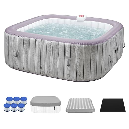 UHOMEPRO Inflatable Hot Tub Spa Set, Outdoor Bubble Massage Portable Hot Tubs with 130 Soothing Jets, Insulated Cover, Internal Heater Pump, 6 Filter Cartridges (Square)