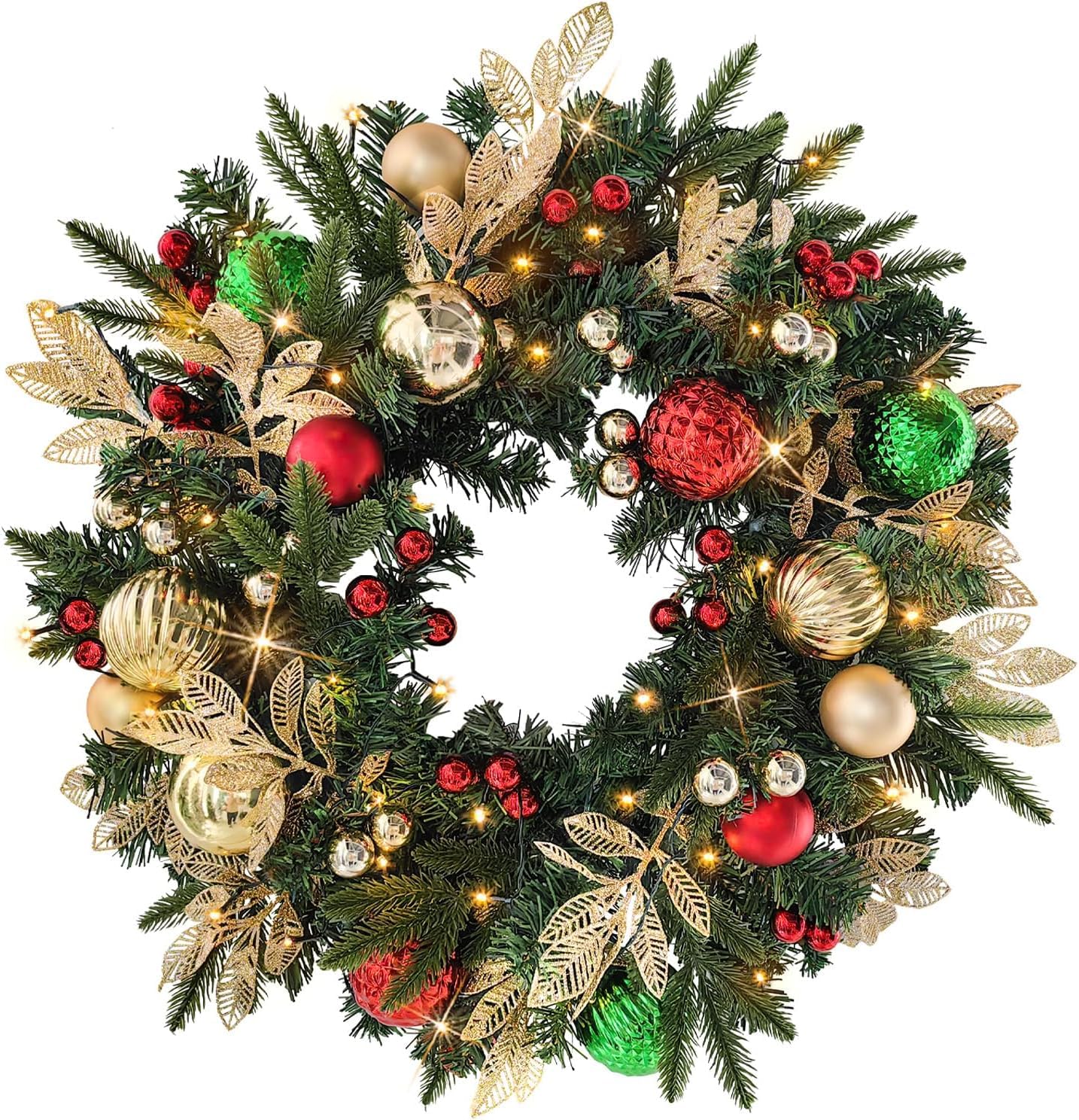 Taylor & Brown Gold & Jewel 60Cm Pre-Lit Artificial Christmas Xmas Wreath Battery Operated 35 Led Lights With Gold, Green, And Red Ornaments, Glittering Gold Leaf Steams For Front Door Holiday Home Decorations