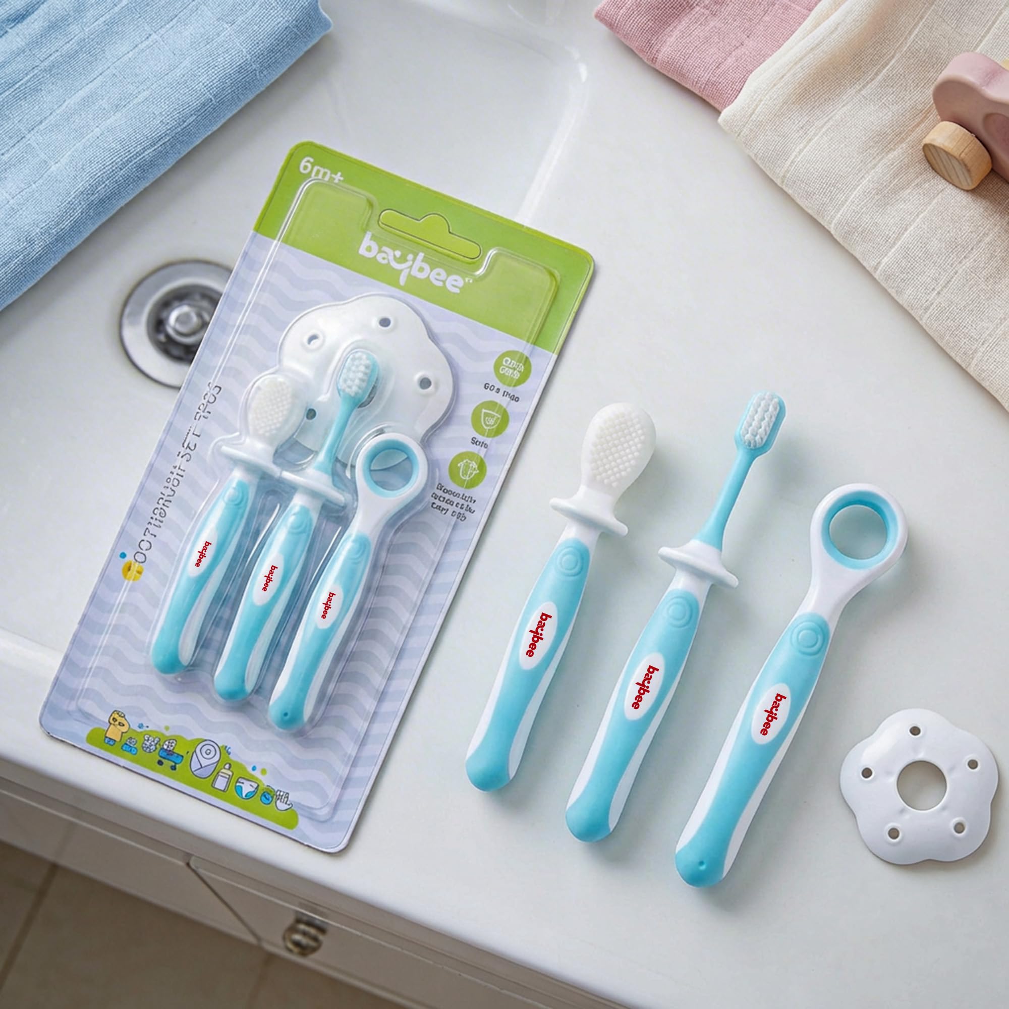 BAYBEE Soft Silicone Manual Toothbrush Set for Infants 6+ Months - BPA Free Training Set With Anti-Chock Shield, Tongue Cleaner (Blue), 1 Count
