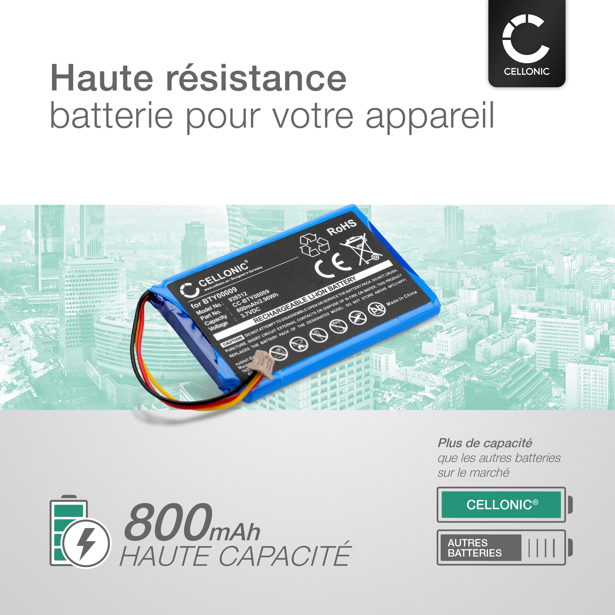 CELLONIC 1x Batterie Compatible avec Ingenico LEC-V03.00-0242 | 1x, (800mAh, 3.7V, Lithium Ion), Terminal de paiement / TPE Batterie pour Ingenico BTY00009 FPS16020002419