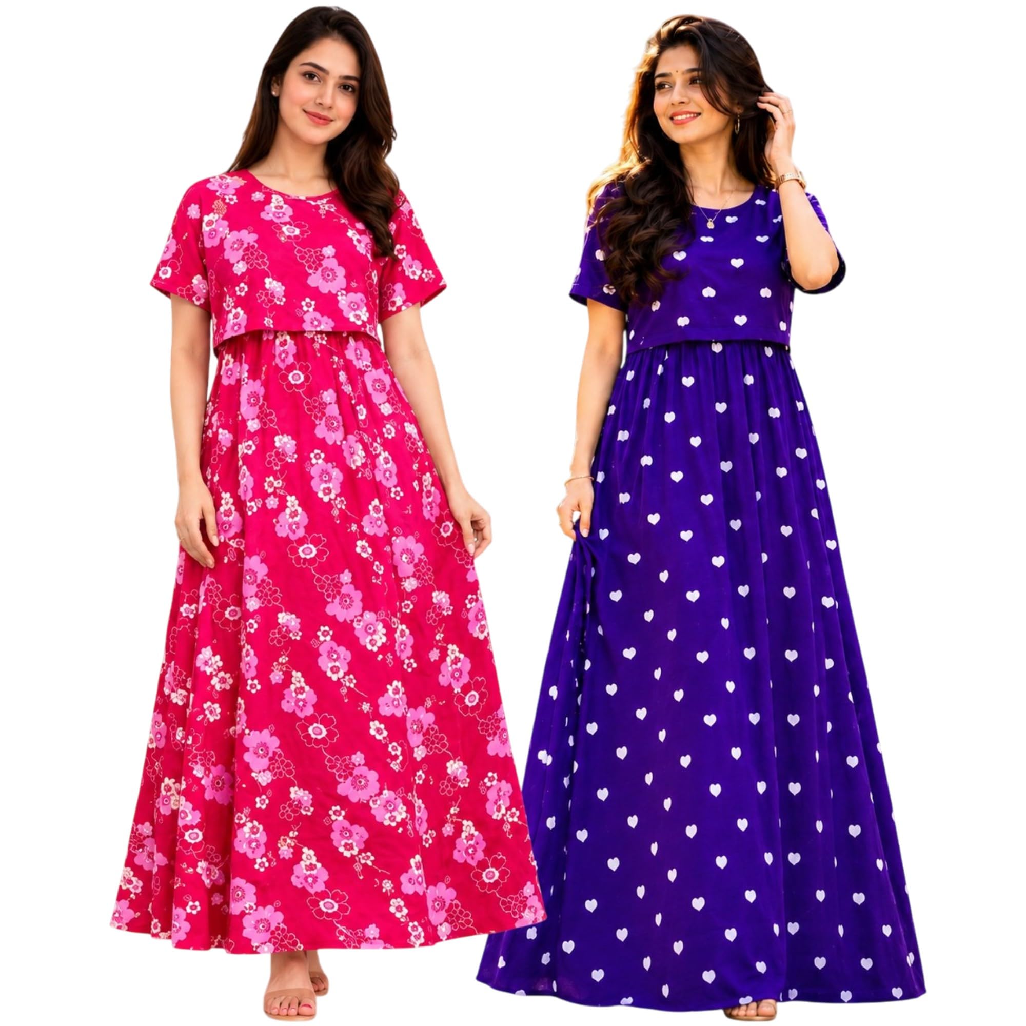 RENIS.Store Women's 100% Cotton Zipless Feeding Maternity Nighty Pack of 2 | Pull Up Nursing Night Dress | Soft Pregnancy & Feeding Wear | Pink Flower & Violet Hear | Size-XXL-image-39