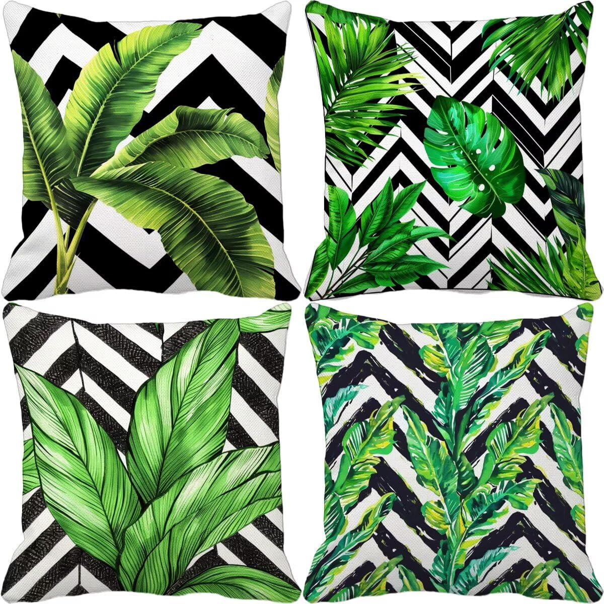 Set di 4 federe per cuscini da esterno, 55 x 55 cm, impermeabili, a righe, per giardino, patio, divano e panchina, cuscini decorativi in lino per la casa di campagna