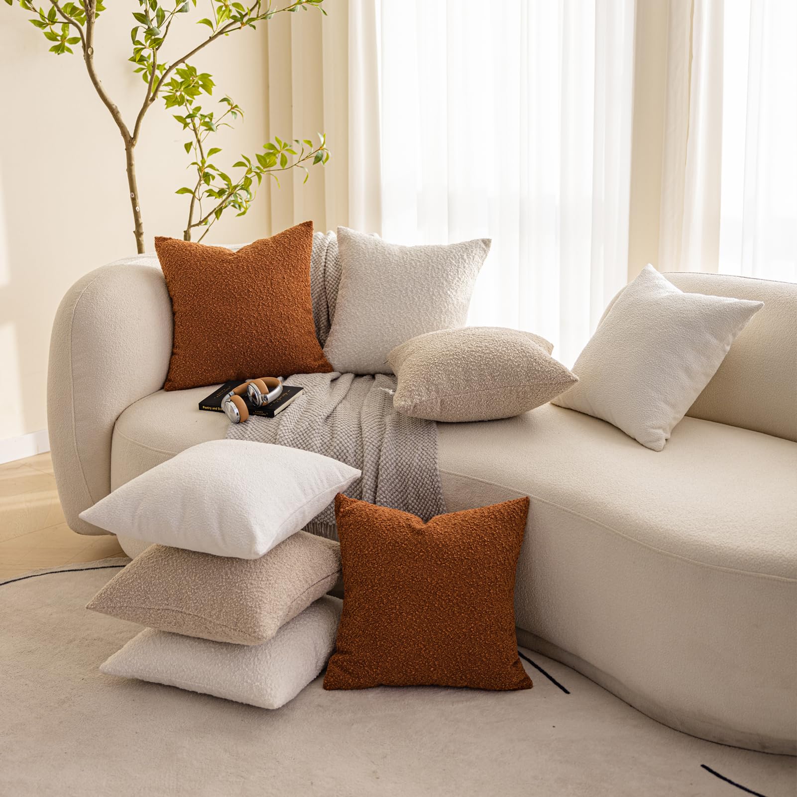 SONAICHTE Set di 2 federe decorative per cuscini, 45 x 45 cm, in tessuto bouclé, beige, neutro, biologico, moderno, decorazione per la casa, cuscini per divano
