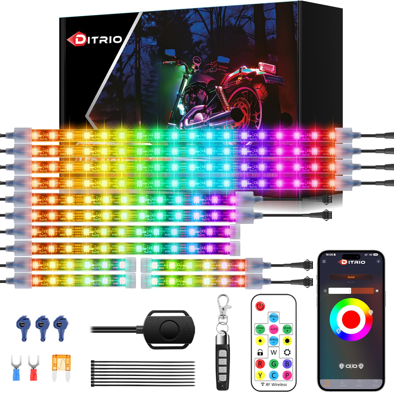 12PCS Motorcycle Underglow Kit with APP/Remote Control,Pixelglow Effect