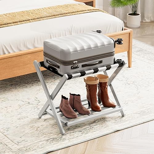 Miniatura 13 de SpaceAid Portaequipajes totalmente montado, 1 paquete, soporte plegable de bambú para maleta para habitación de invitados, soporte de equipaje Nogal