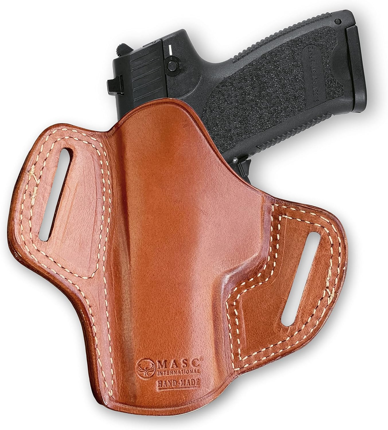 Masc Leather OWB Pancake Holster with Open Top Fits USP, VP9, P2000, P30L, P7 M8, 45C, Right Hand Draw, Brown Color