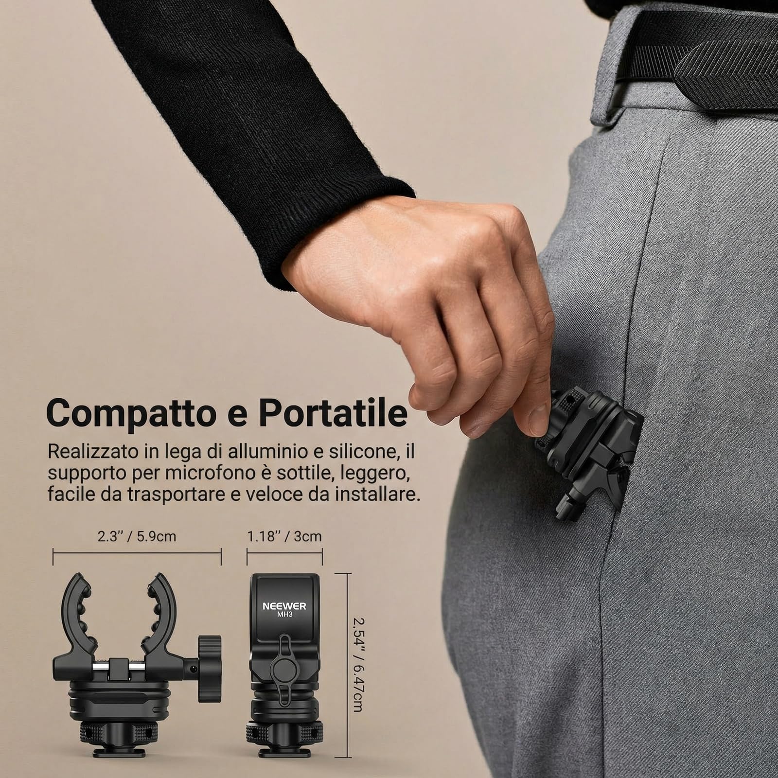 NEEWER Supporto per Microfono con Adattatore Cold Shoe, Accessori Porta Mic Antirumore e Antiurto con Cuscinetti in Silicone Integrati, per Microfoni da 0,7" a 1" (da 19 a 25mm) di Diametro, MH3