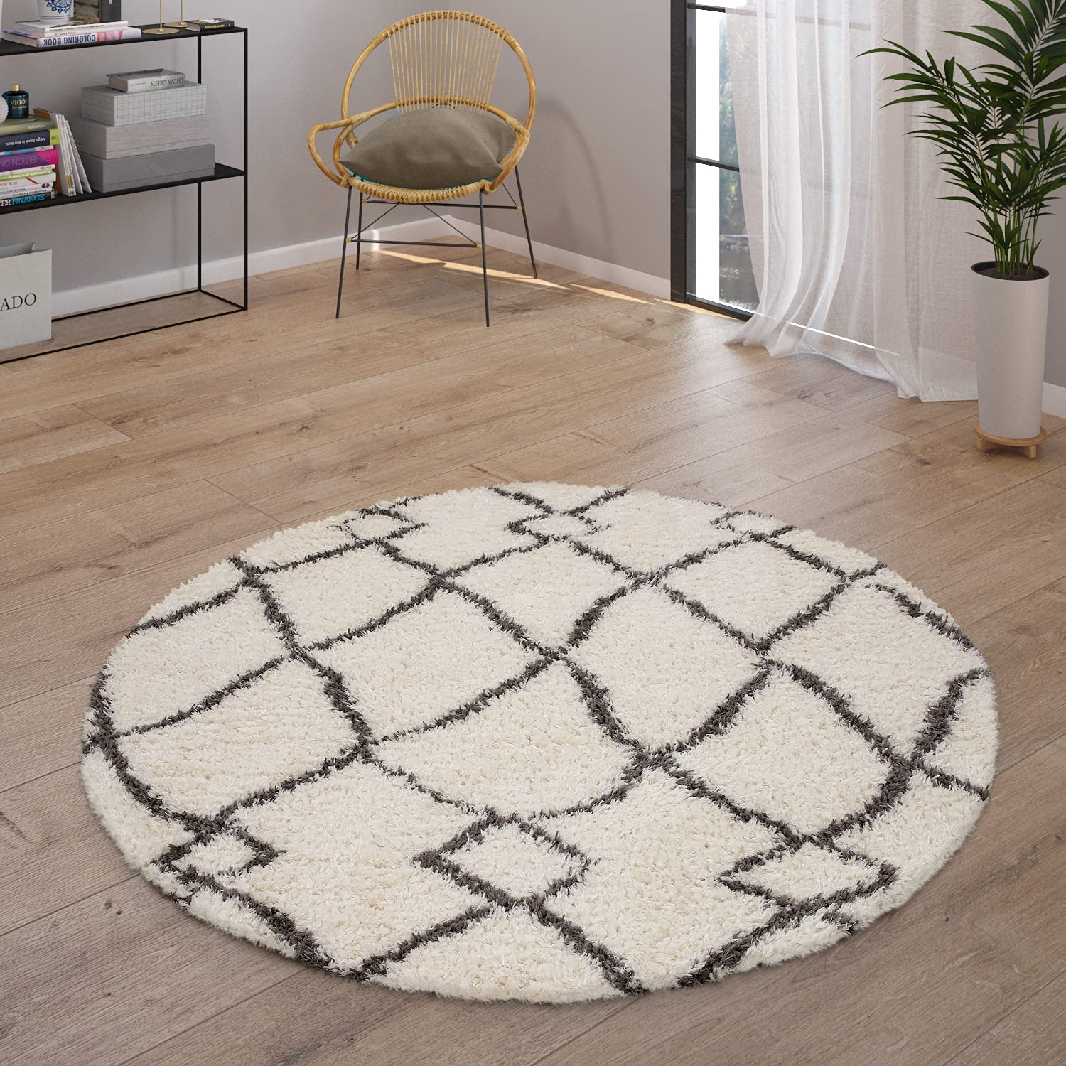 Paco Home Hochflor Teppich Wohnzimmer Shaggy Skandinavisch Fransen Flauschig Modern Langflor, Grösse:160 cm Rund, Farbe:Creme
