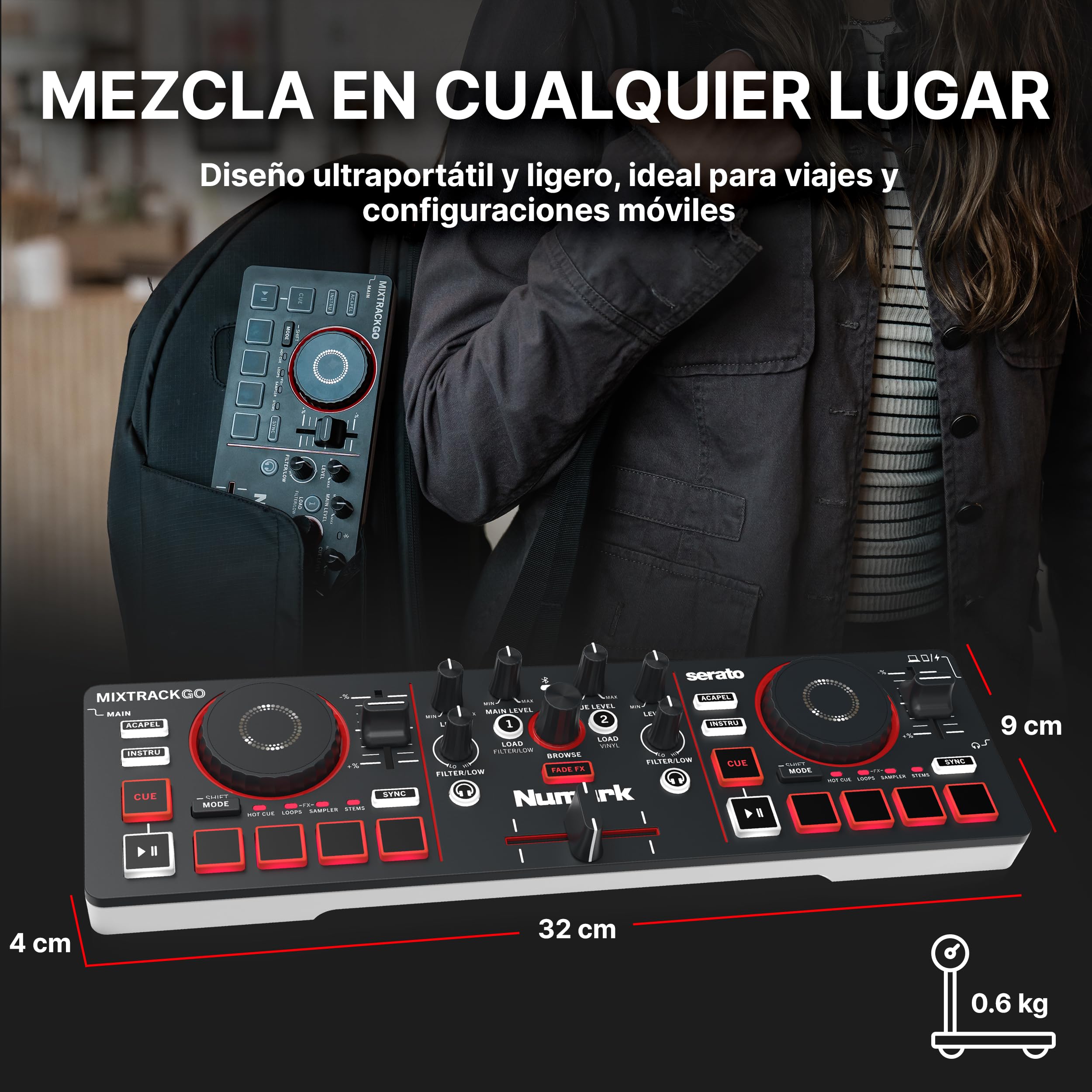 Numark Mixtrack Go Controlador DJ Bluetooth Compacto con Stems Control | Mixer DJ de 2 decks, principiantes y DJs móviles, Smart Fader, USB-C, Serato DJ Lite & Algoriddim djay, Gen 4