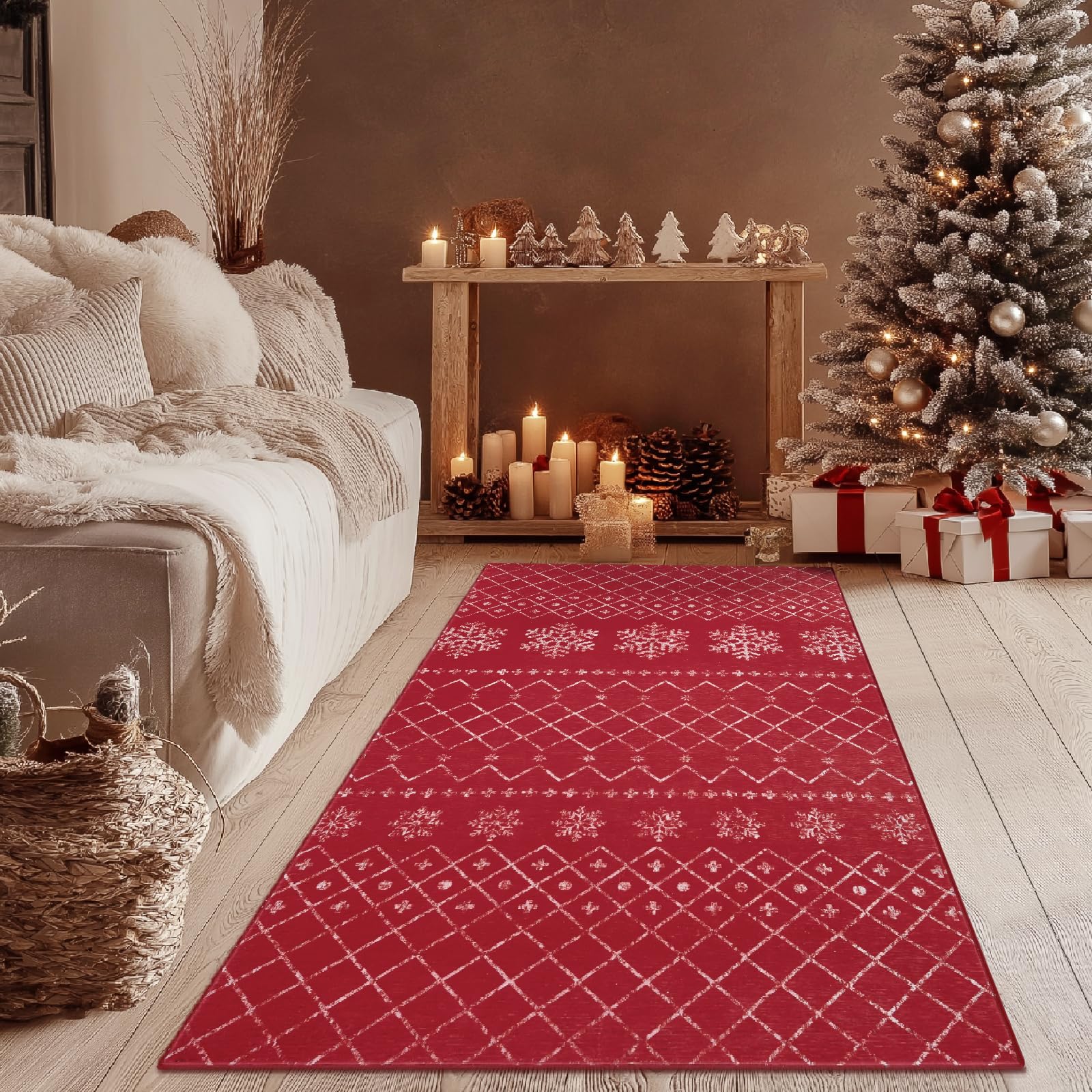 jinchan Christmas Runner Rug 3x8 Red Hallway Xmas Snowflake Kitchen Rug Washable Non Slip Moroccan Carpet Holiday Decor Geometric Rug for Bedroom Bathroom Laundry Room Living Room