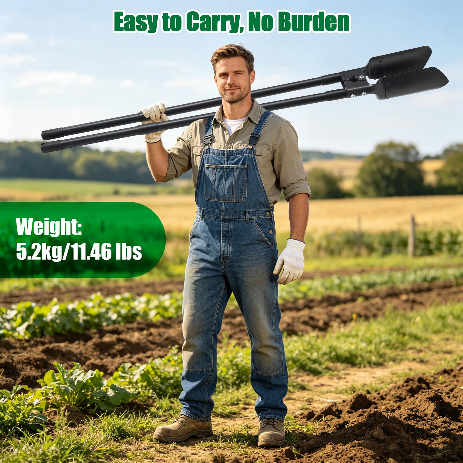Pfostenlochbohrer, Hochleistungs-Handgerät zum Graben von Pfostenlöchern, 139 cm, Gartenschaufel, Zwei scharfe Klingen zum Aufbrechen von Erdklumpen, Graben, Kultivieren, Jäten, schwarz