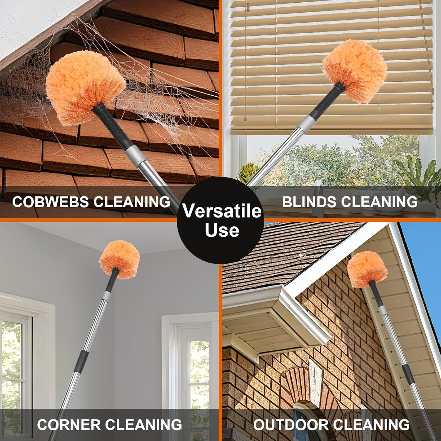 Cobweb Duster with Extension Pole - 9 FT Lightweight Stainless Steel Adjustment Duster Ceiling Fan Duster for High Ceilings, Medium Stiff PET Bristle Spider Web Brush for Indoor/Outdoor Cleaning