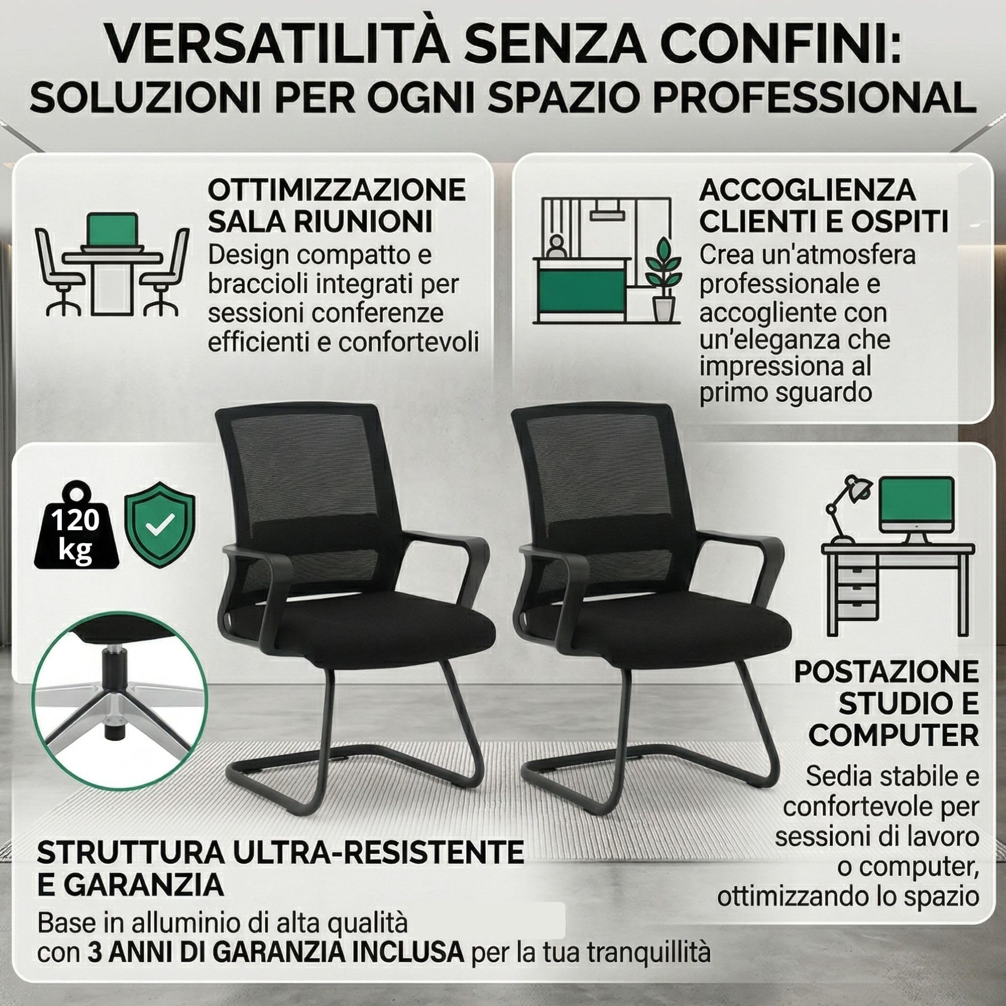 ZIK - Coppia Sedie Sala d'Attesa, Sedie con Braccioli, Comode e Traspiranti per Accogliere Ospiti e Clienti, per Sale Riunioni, Sedia Imbottita Senza Ruote, Poltroncine Sala d'Attesa per Ufficio