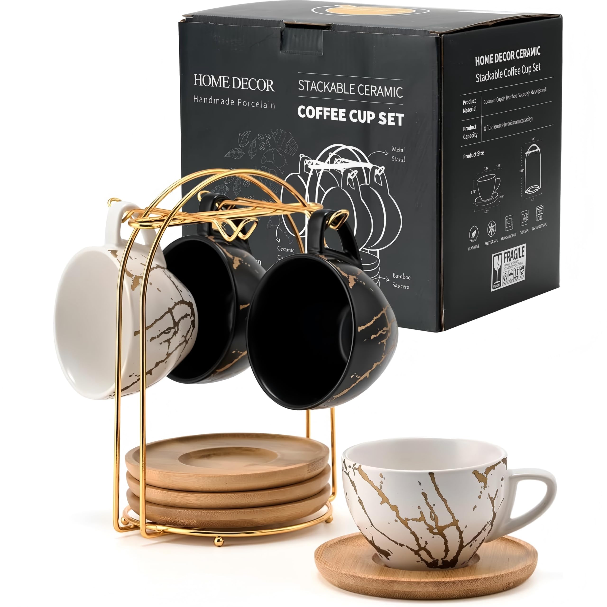 HOME DECOR tasses à cappuccino en céramique 4x(220 ml) – Noir et blanc | Avec soucoupe et support, décalque unique, compatible micro-ondes et lave-vaisselle, pour cappuccino, latte et thé