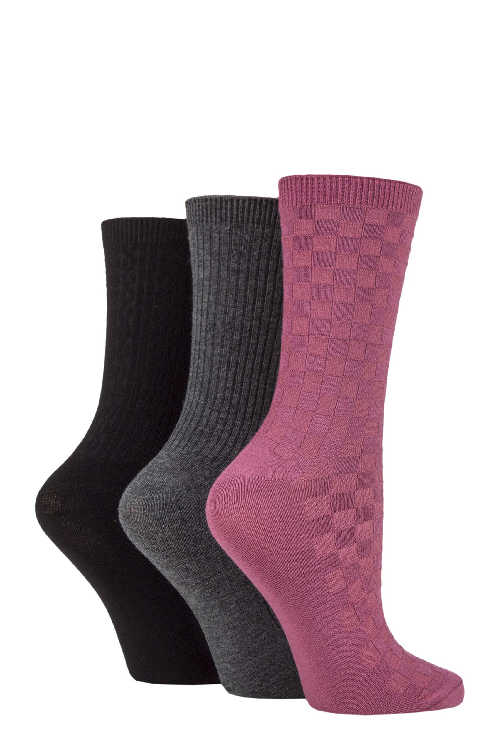 SockShop Ladies Plain Patterned and Striped Bamboo Socks Pack of 3 (Black/Grey/Damson Textured, 4-8)