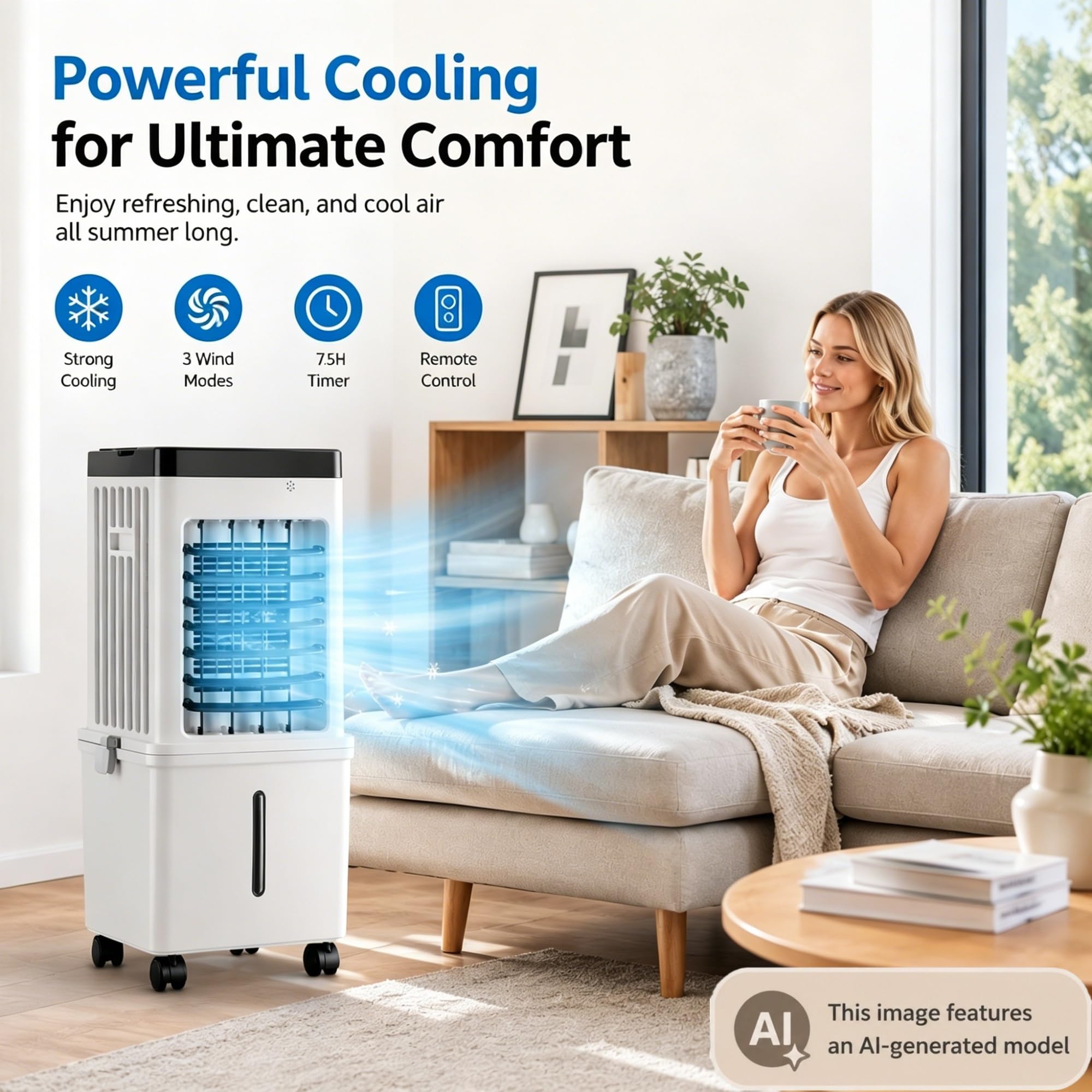 Unidad de Aire Acondicionado para el hogar portátil, Enfriador de Aire evaporativo de 15 l con Control Remoto, Temporizador de 7,5 h, 3 velocidades de Ventilador, Ventilador de refrigeración de bajo