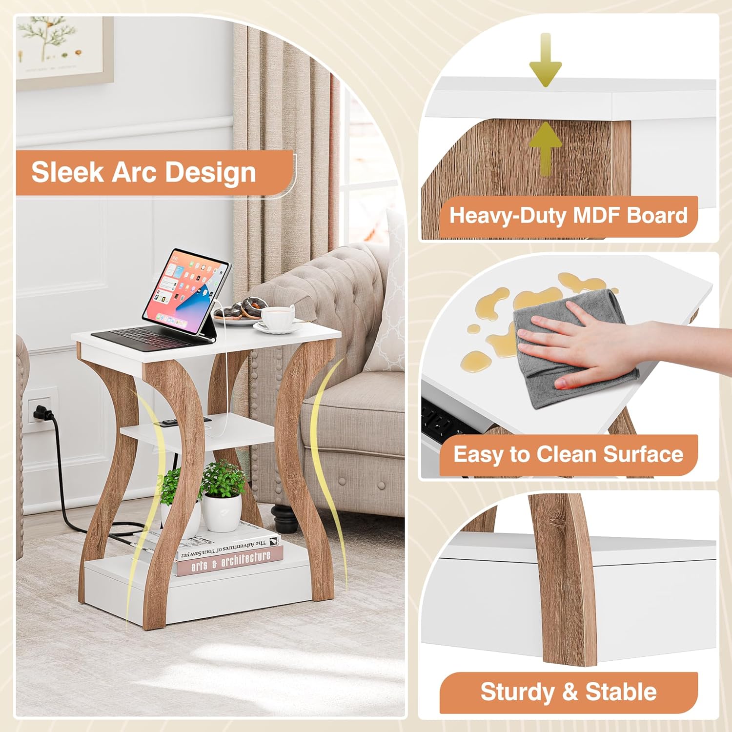 SUPER DEAL End Table Set of 2, Compact Nightstand Small Sofa Side Table with Charging Station, 2 USB and 2 Power Outlets for Living Room, Bedroom, White
