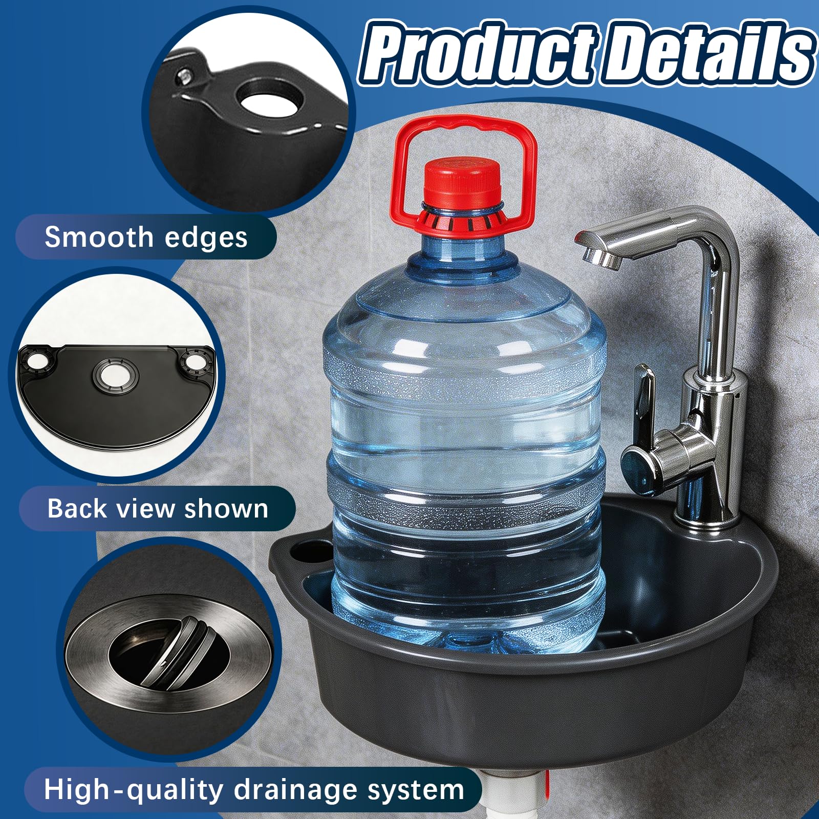Lavabo da Parete in Plastica con Rubinetto Miscelatore, Set Completo con Tubi di Scarico e Alimentazione Lavandino Compatto per Bagno Giardino e Campeggio (Grigio)