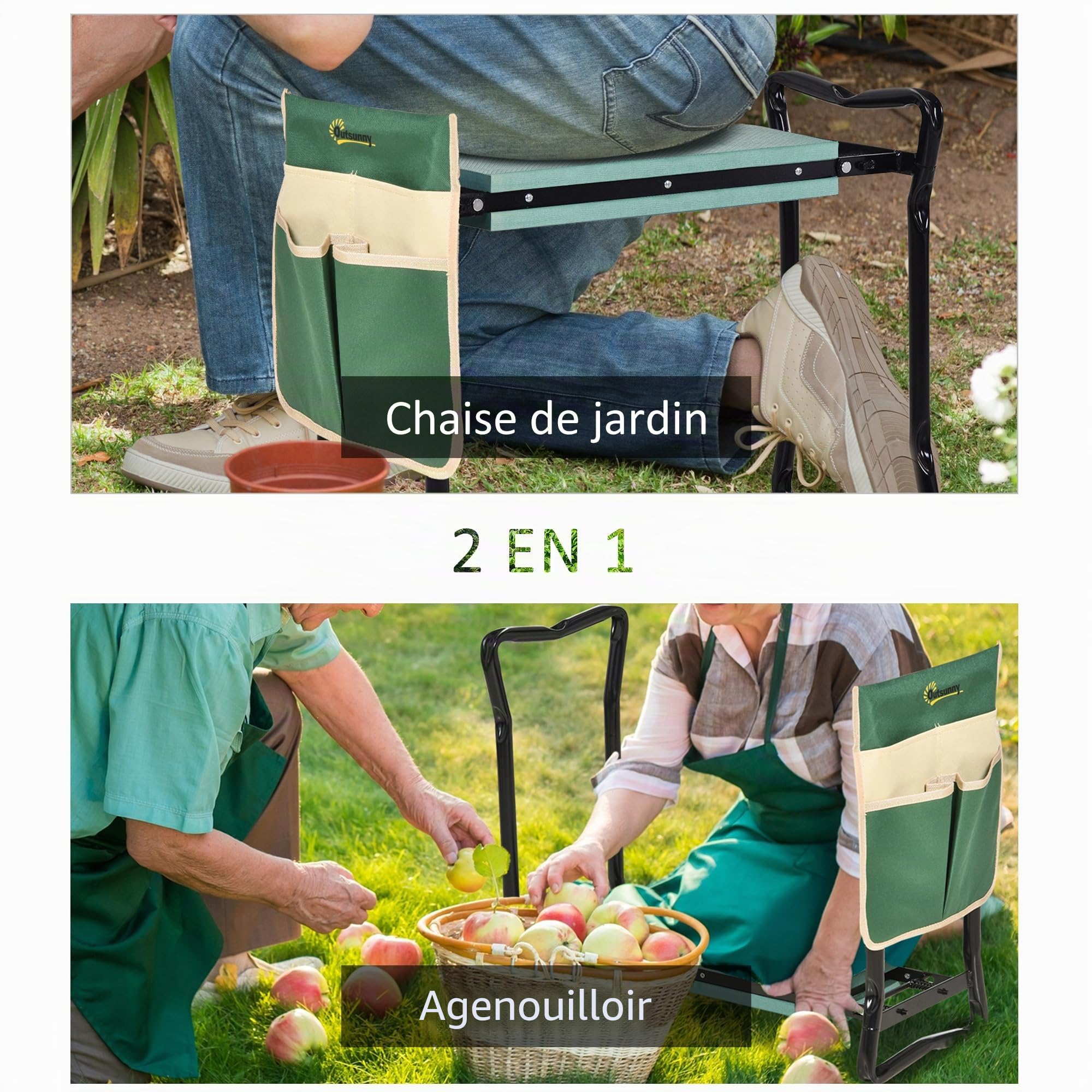 Outsunny Tabouret de Jardin Pliable agenouilloir de Jardin siège Jardinage avec Coussin Pochette Rangement Outils Vert