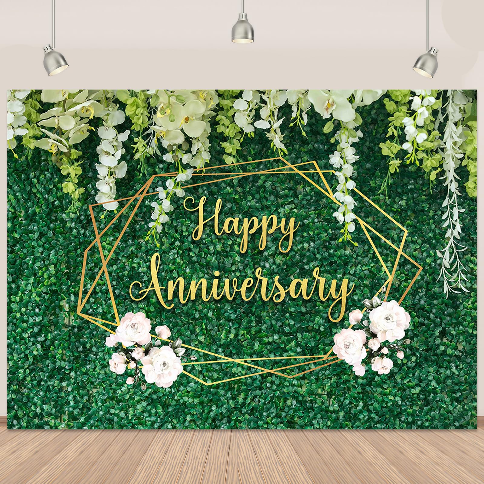 Happy Anniversary Banner Decorations 7x5Ft Green Leaves Wall Happy Anniversary Backdrop Floral Couple Wedding Photography Background Party Decoration