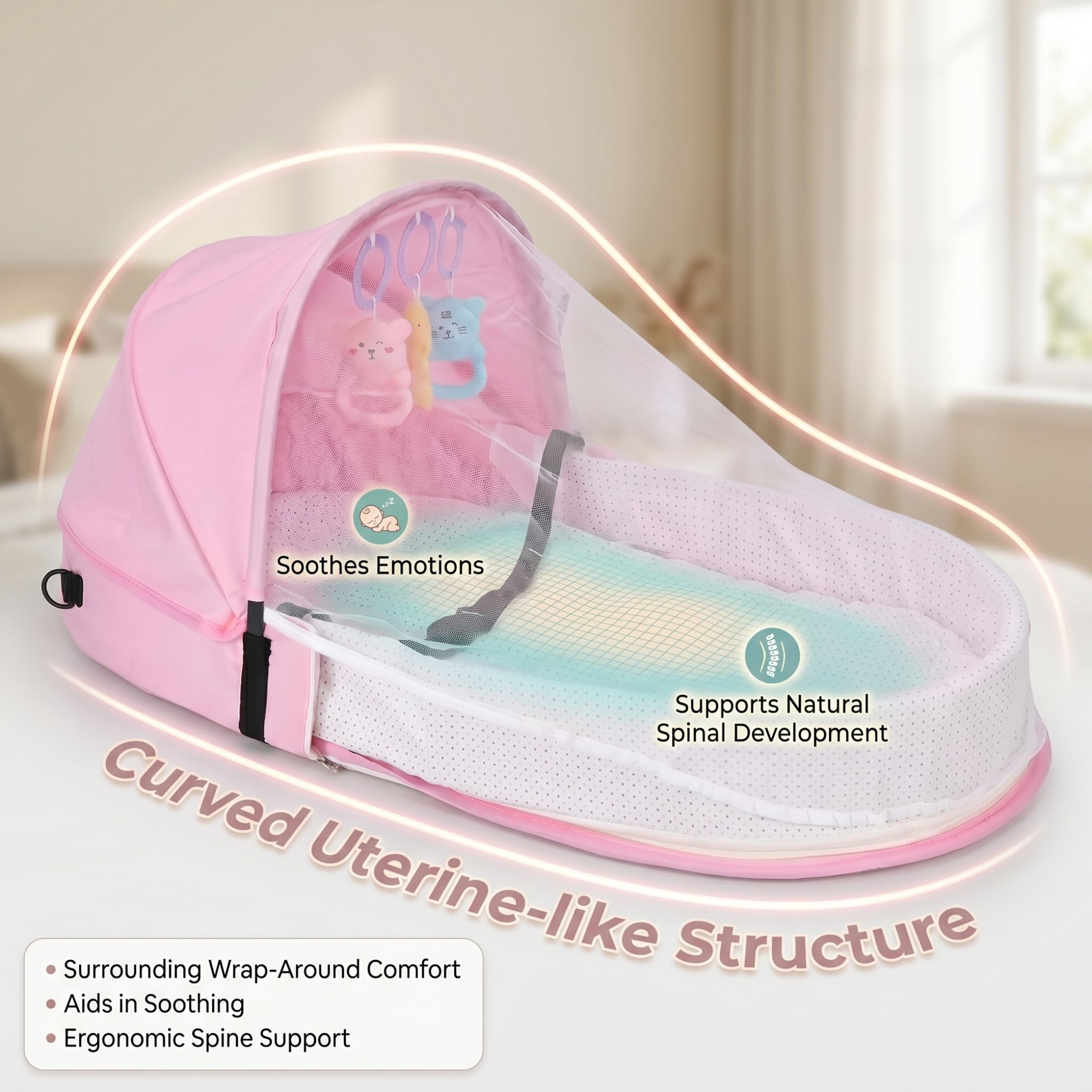 Lettino da viaggio per bambini con rete e cappottina, tenda per bambini portatile, lettino pieghevole con barra giochi, traspirante per età da 0 a 18 mesi, rosa