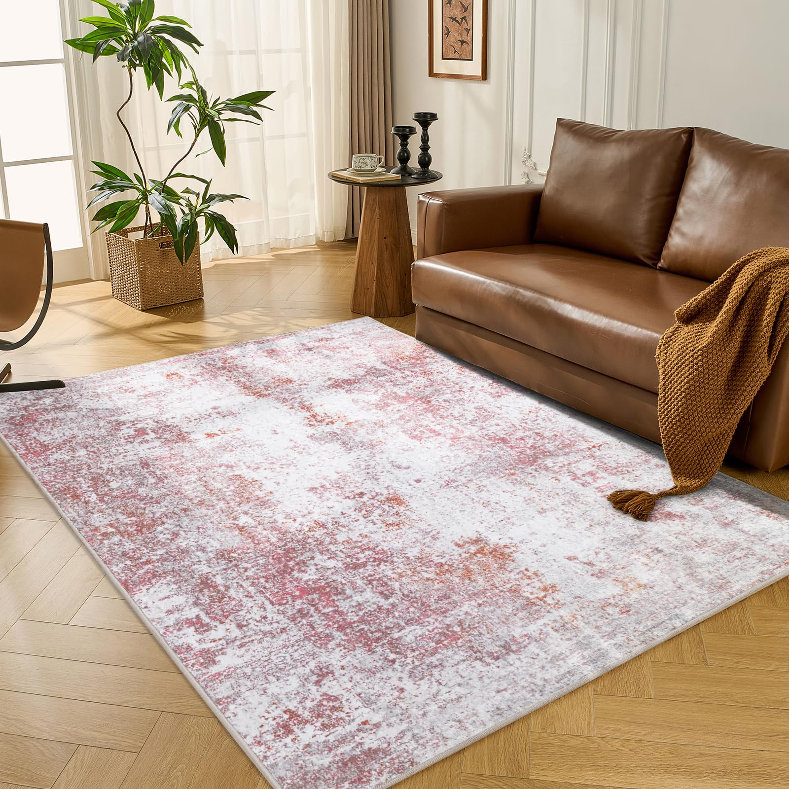 Evitany Pink Rugs Living Room, Small Abstract Washable Low Pile Rug for Bedroom, Square Bedside Area Rugs, Soft Thin Floor Mat for Kitchen, Office, Kids Room, Lounge, Dining Room, 80x150cm