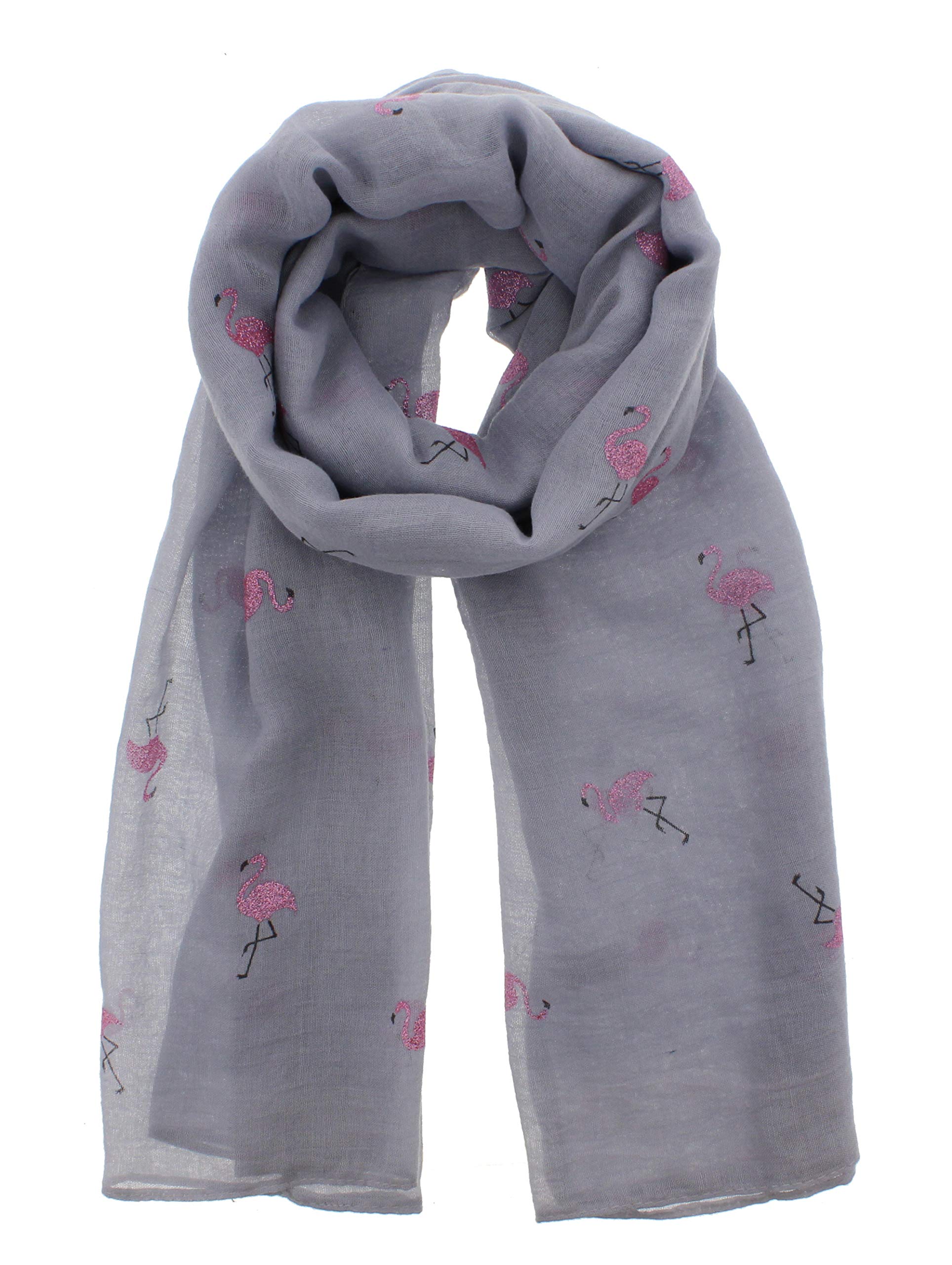 Zac's Alter Ego Women's Light Grey Long Lightweight Scarf With Pink Glitter Flamingoes