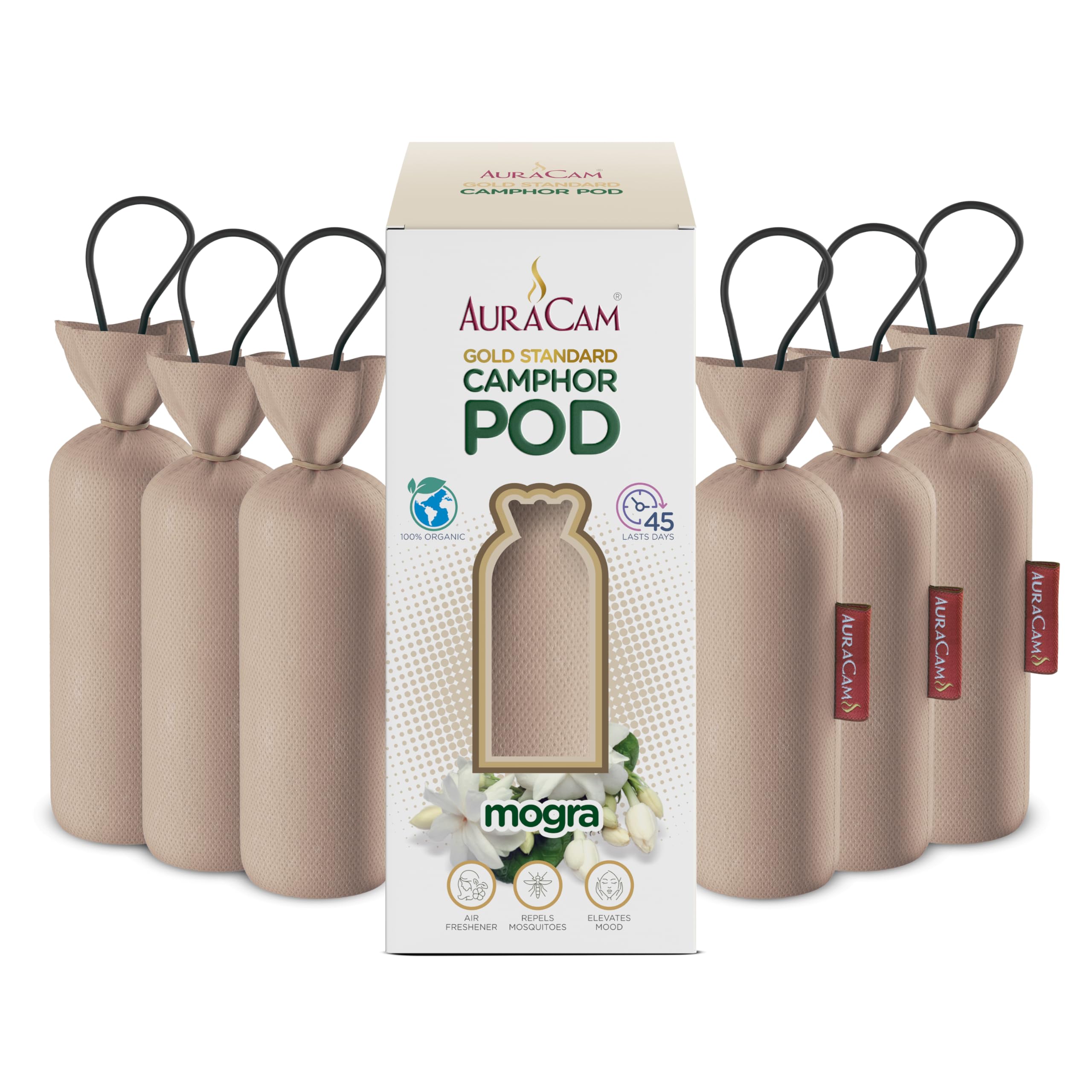 AuraCam Gold Standard Camphor Pod Cone Mogra- Set of 6 - Pod Air freshener For Room, Car, Bathroom, Office & Toilet Long-Lasting Cone for Home