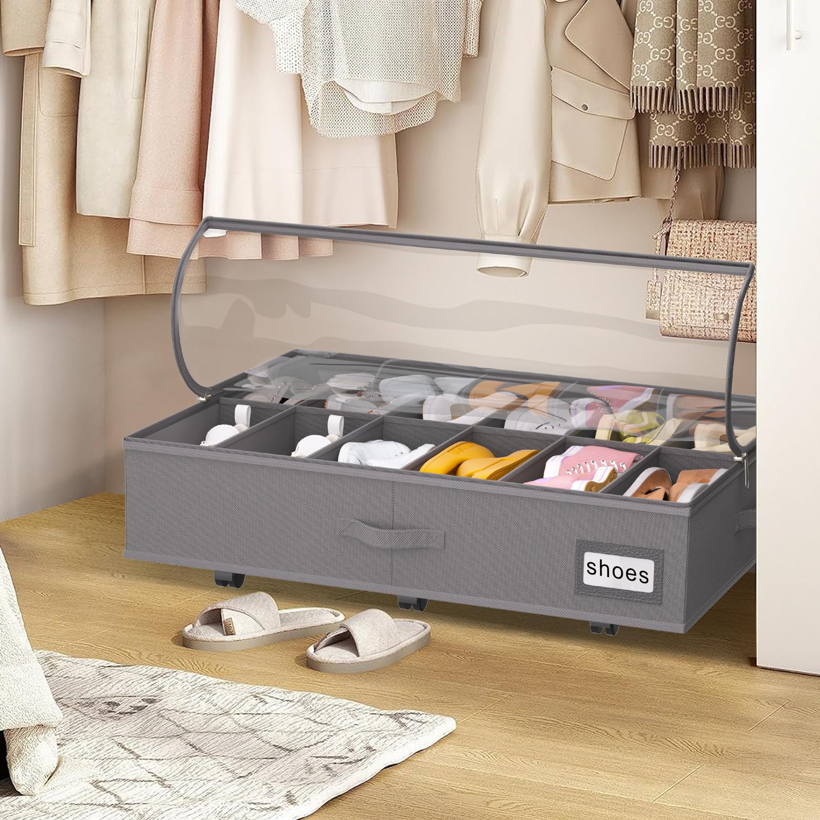 Unterbett-Schuh-Organizer mit Rollen für den Schrank, passend für 24 Paar, stabile Unterbett-Schuh-Aufbewahrungsbox, 2er-Set (grau)