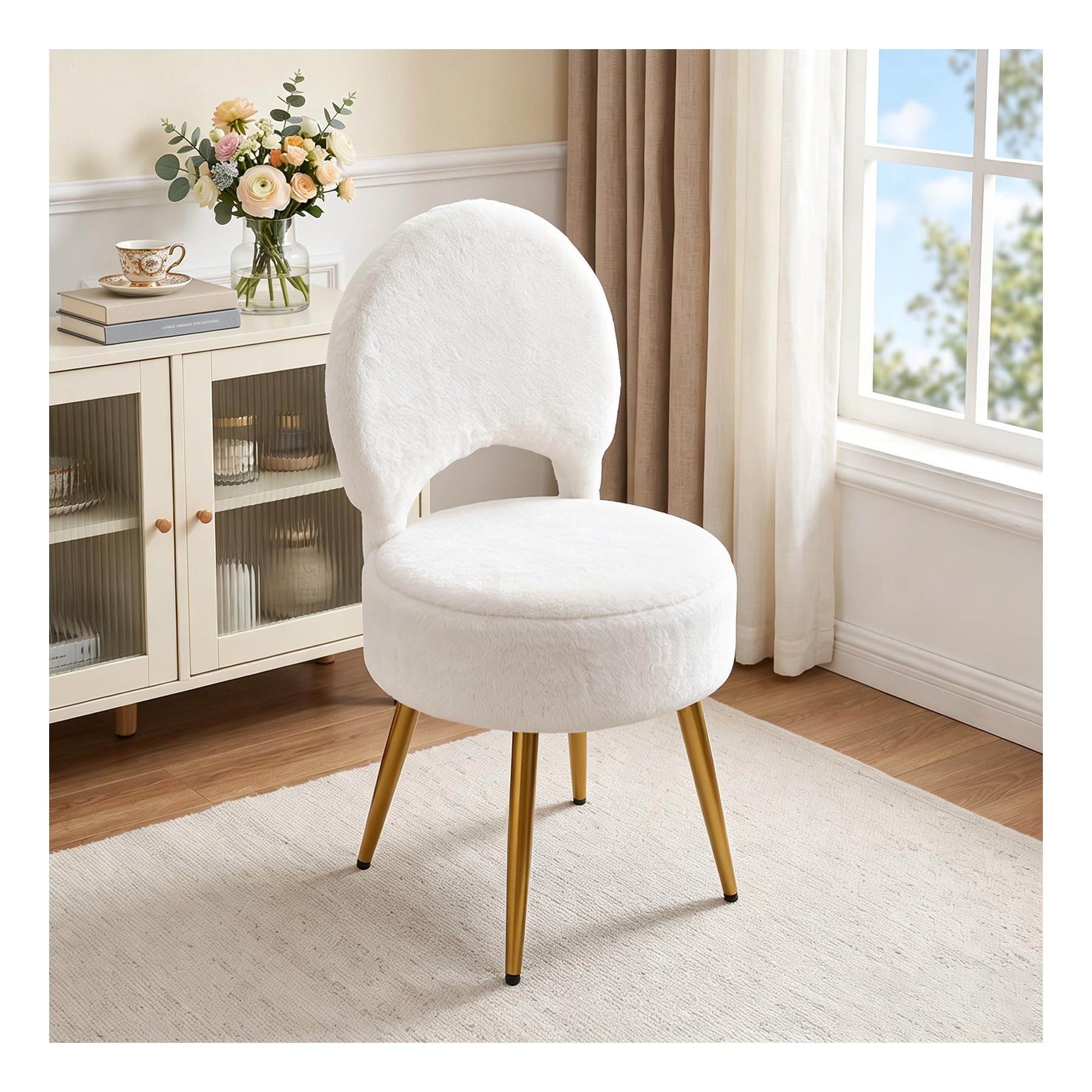 INMOZATA Storage Stool with Storage & Folding Back,Furry Vanity Chair