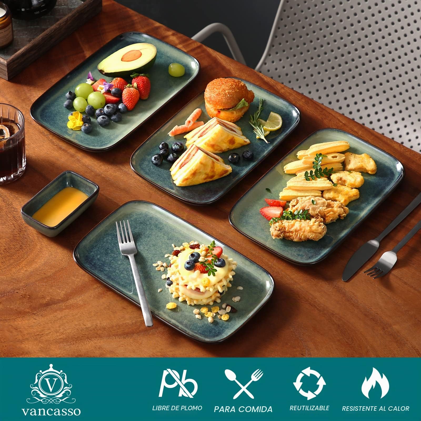 vancasso Serving Platters Set de 4, Plato Rectangular de Gres, 28cm Platos Rectangulares para La Cena, Fiesta, Ensalada, Postres, Verde