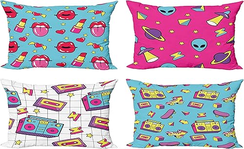 Ambesonne Paquete de 4 fundas de cojín de arte pop Art con forma de pernos de labios, monopatines, casetes retro y radios, diseño moderno de doble