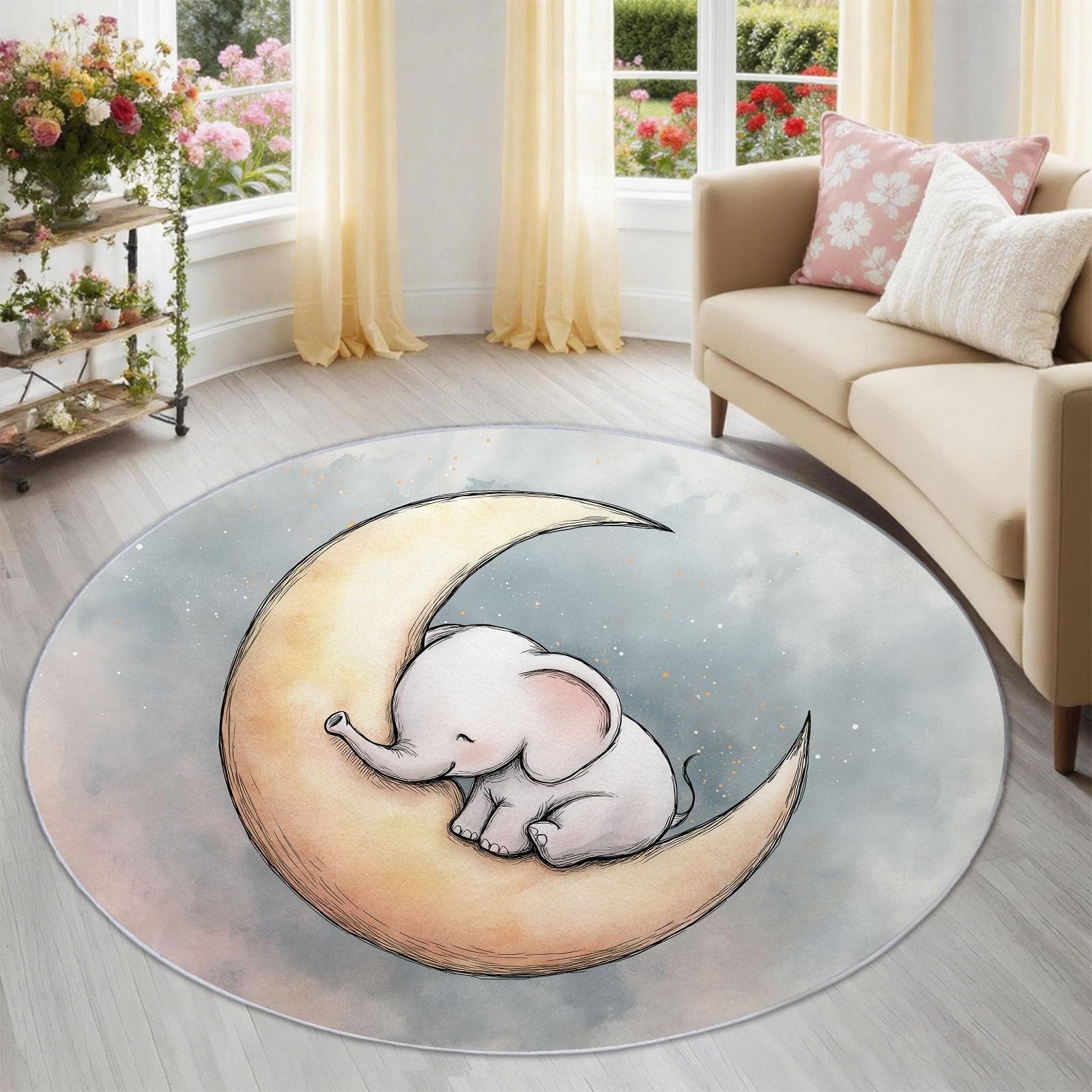 Générique Éléphant Tapis Rond 100 cm, Lavable & Antidérapant, Dessin Animé Mignon Animal Lune Tapis de Salon Doux Poil Ras pour Chambre & Bureau, Rose Grisâtre