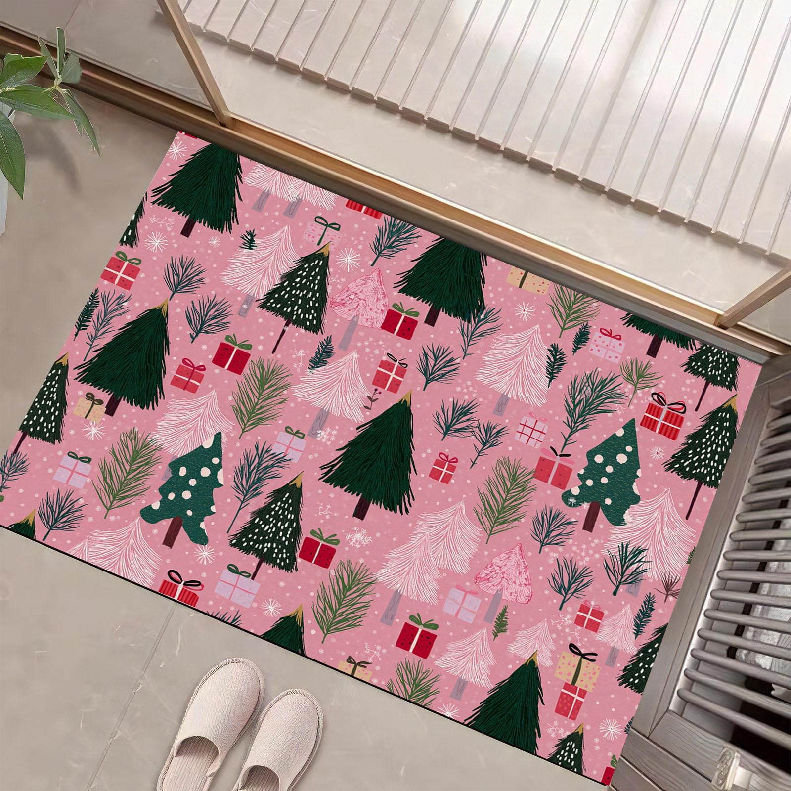 Tapis de sol antidérapant lavable anti-glisse en fausse laine rose pour entrée et cuisine