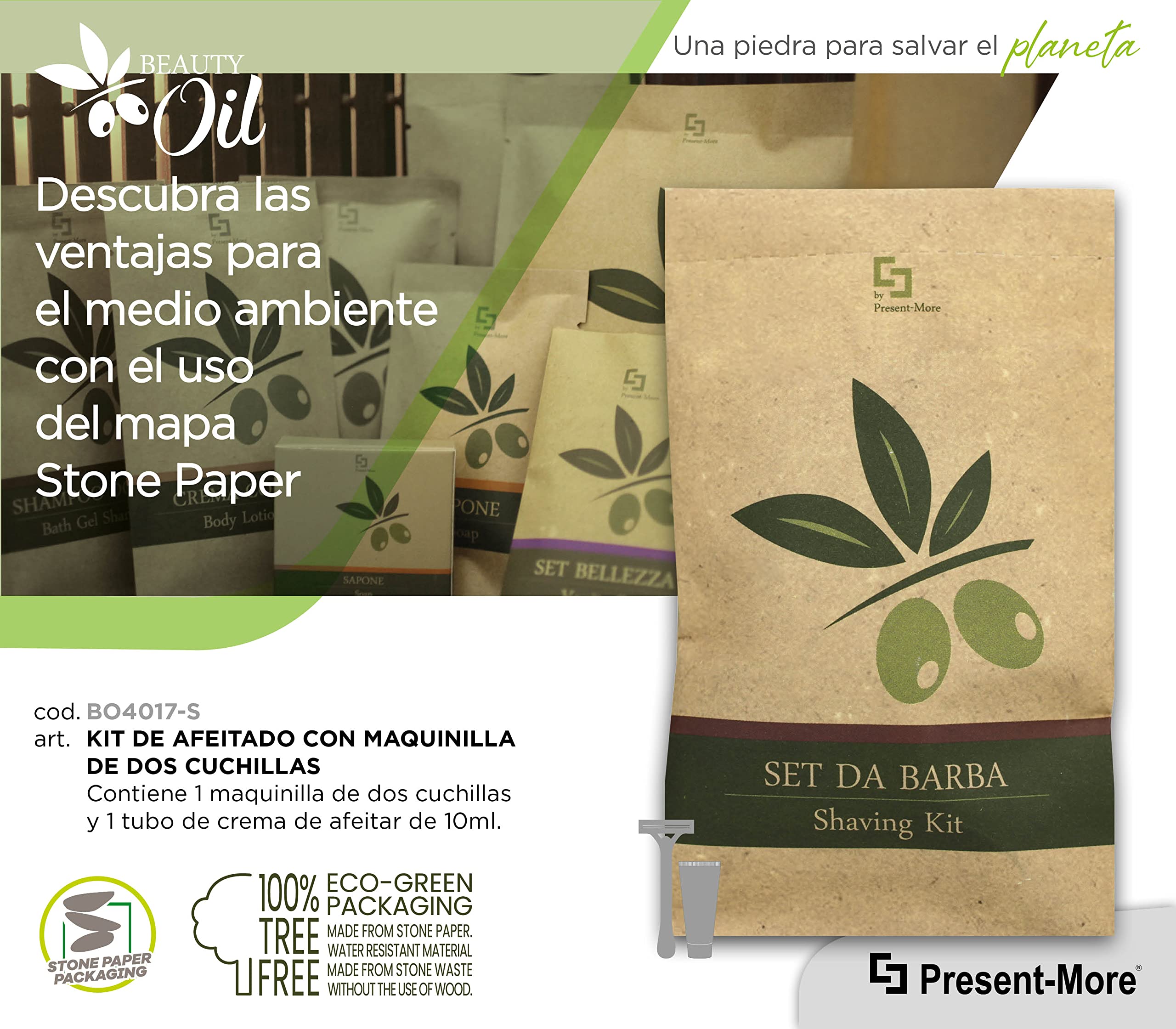 Present-More Kit barba Beauty Oil - Kit cuidado barba 250 unidades para Hoteles y B&B | Kit cuidado barba embolsado individualmente y envasado en material Stone Paper