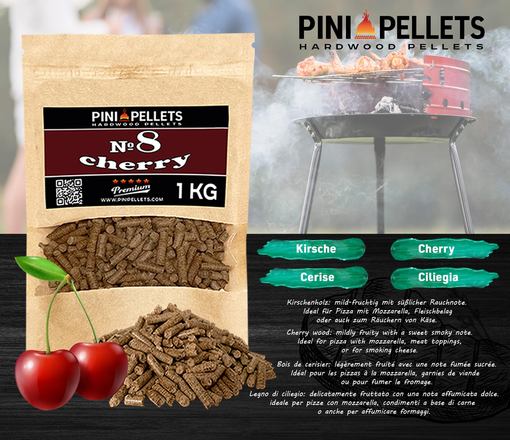 PINI Lot de 4 granulés de bois naturel pour fumoir, 1 kg, au choix parmi 4 variétés, granulés de hêtre n° 5, granulés de cerise n° 8, granulés de pomme n° 9, granulés d'aulne n° 11 – Bois pur de