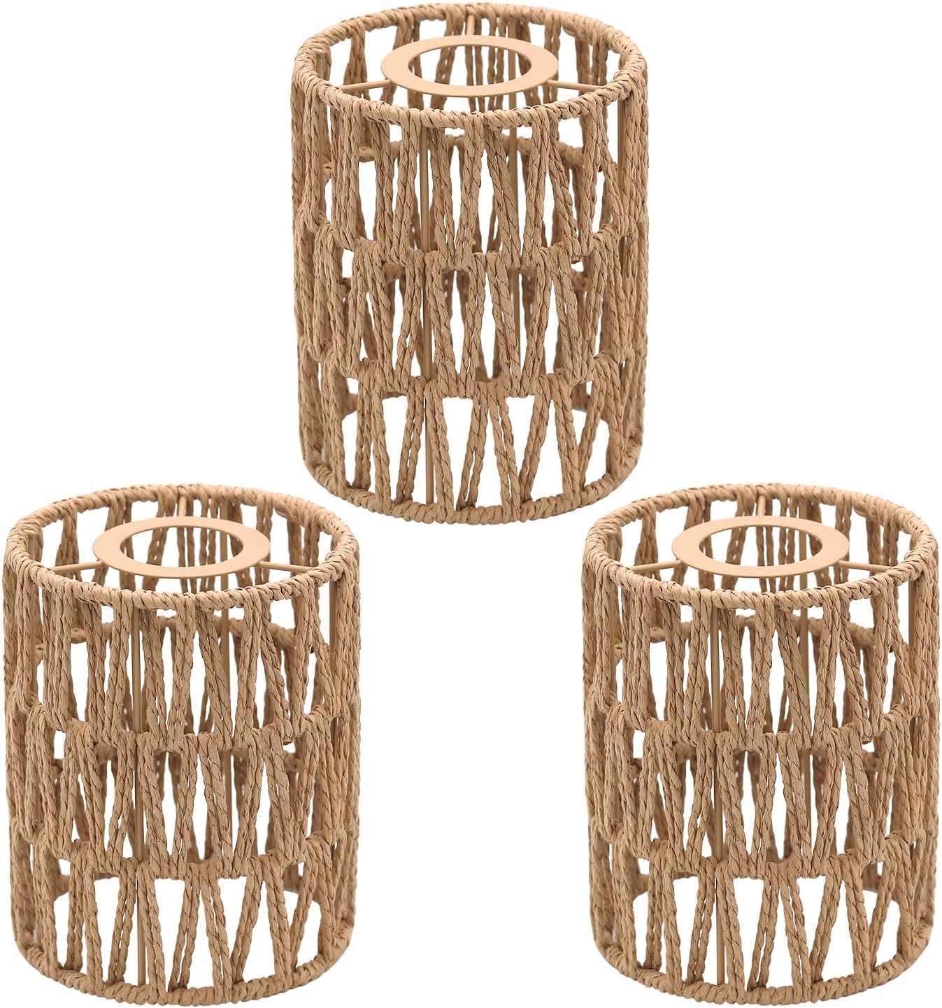 3-Pack Boho Rattan Lamp Shades,5.9" H x 4.7" D Woven Small Shade Replacement, 3-Tier 1.62in Fitter Farmhouse Pendant Light Cover for Chandelier Floor Wall Lamp(Brown) 3Pack-Brown