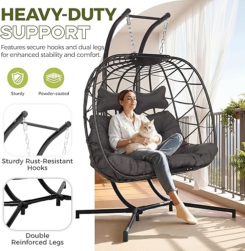 Miniatura 7 de RADIATA Silla colgante de huevo para 2 personas con soporte, sillas abatibles dobles extra grandes y acogedoras para exteriores, silla hamaca de