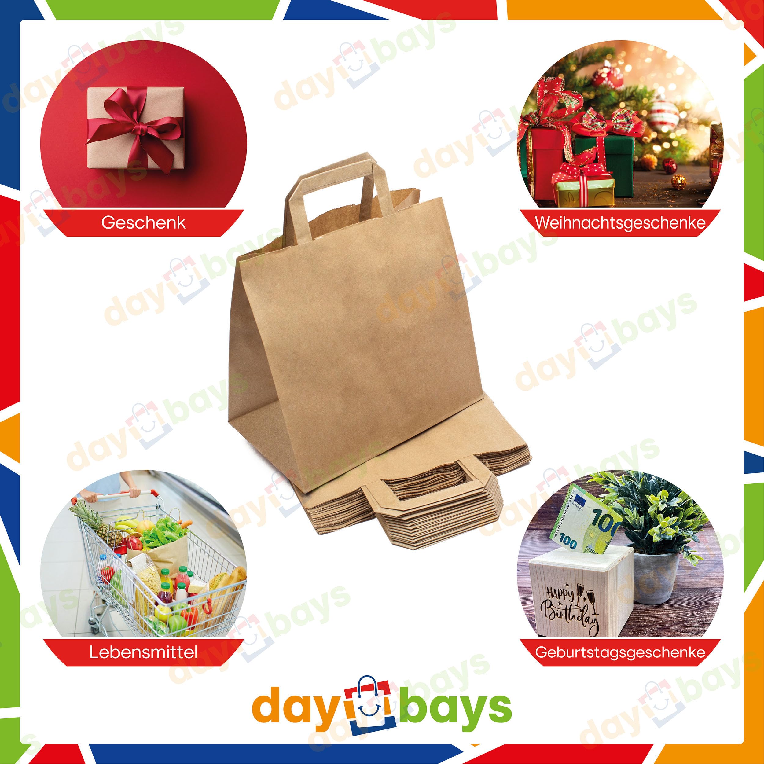 Daybays Papiertüten 26+17 x 25 cm Braun 250 Stk. Geschenktüten Papiertragetaschen mit Henkel aus Kraftpapier, Papiertaschen Geschenktüte Papiertüte klein (250)