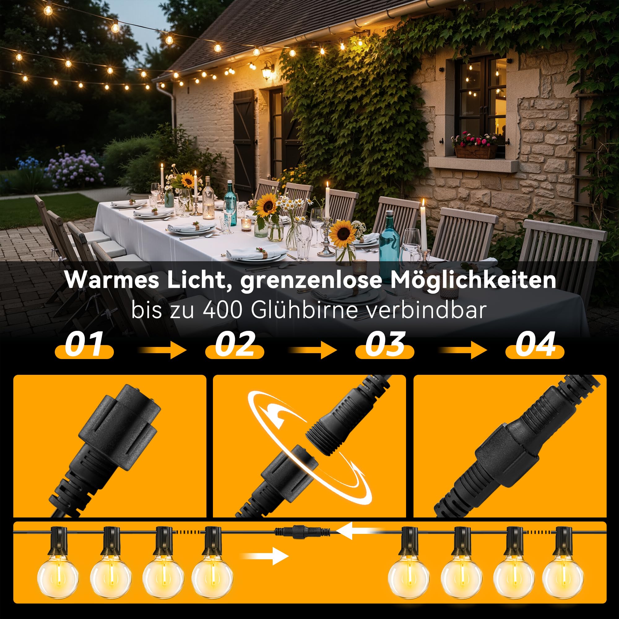 Ollny Guirlande Lumineuse Exterieure, 5M 13+1 G40 LED Ampoules, Guirlande Guinguette LED Connectable, Étanche Chaîne Lumiere Exterieur pour Patio Terrasse Fête Mariage 2700K Blanc Chaud