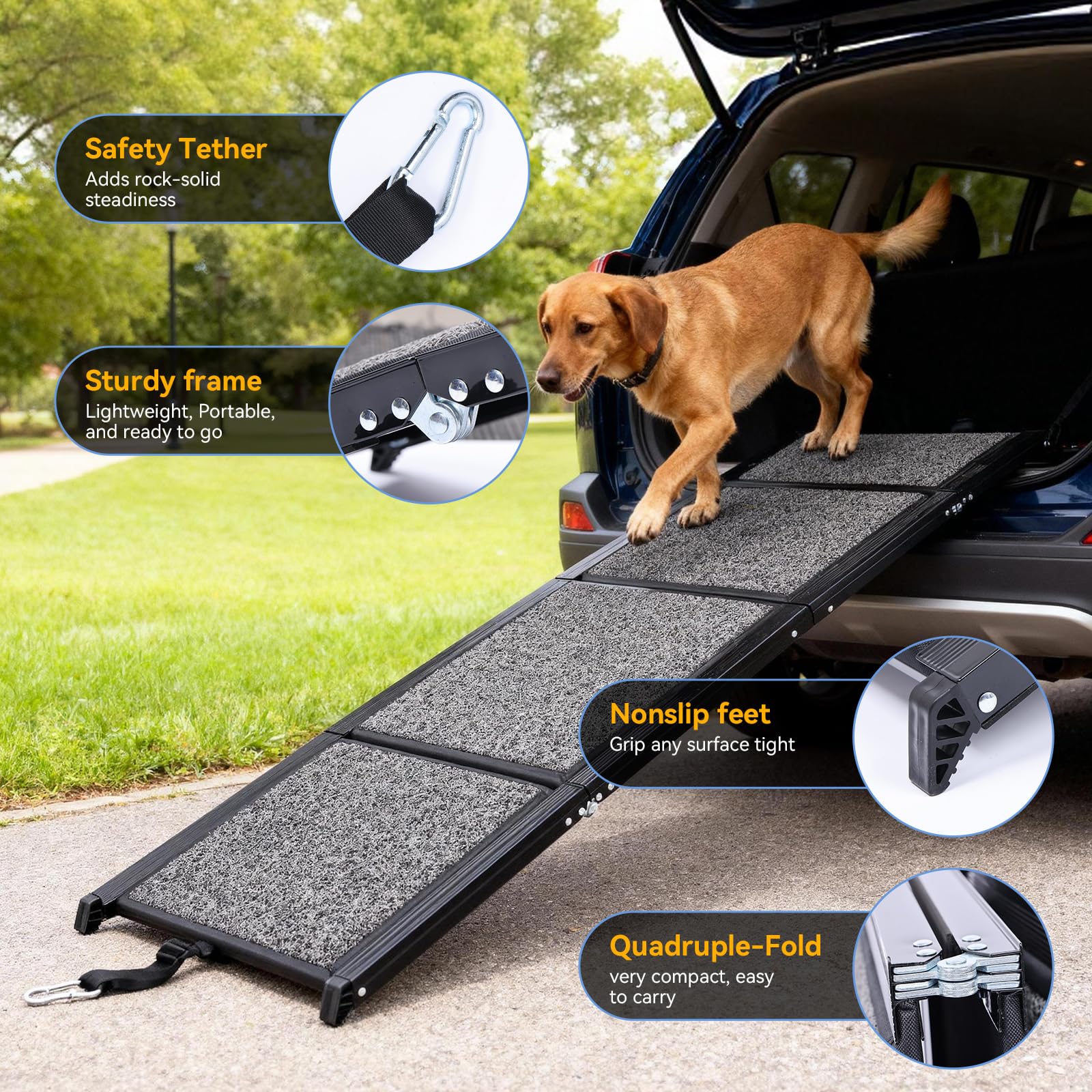 Rampe pour Chien Voiture - 170×44 cm Pliable Capacité 70KG Antidérapante Escalier Rampe D'accès Voiture pour Chiens pour Animaux, Utilisation Intérieure et Extérieure, Rampe Chien Lit Canapé