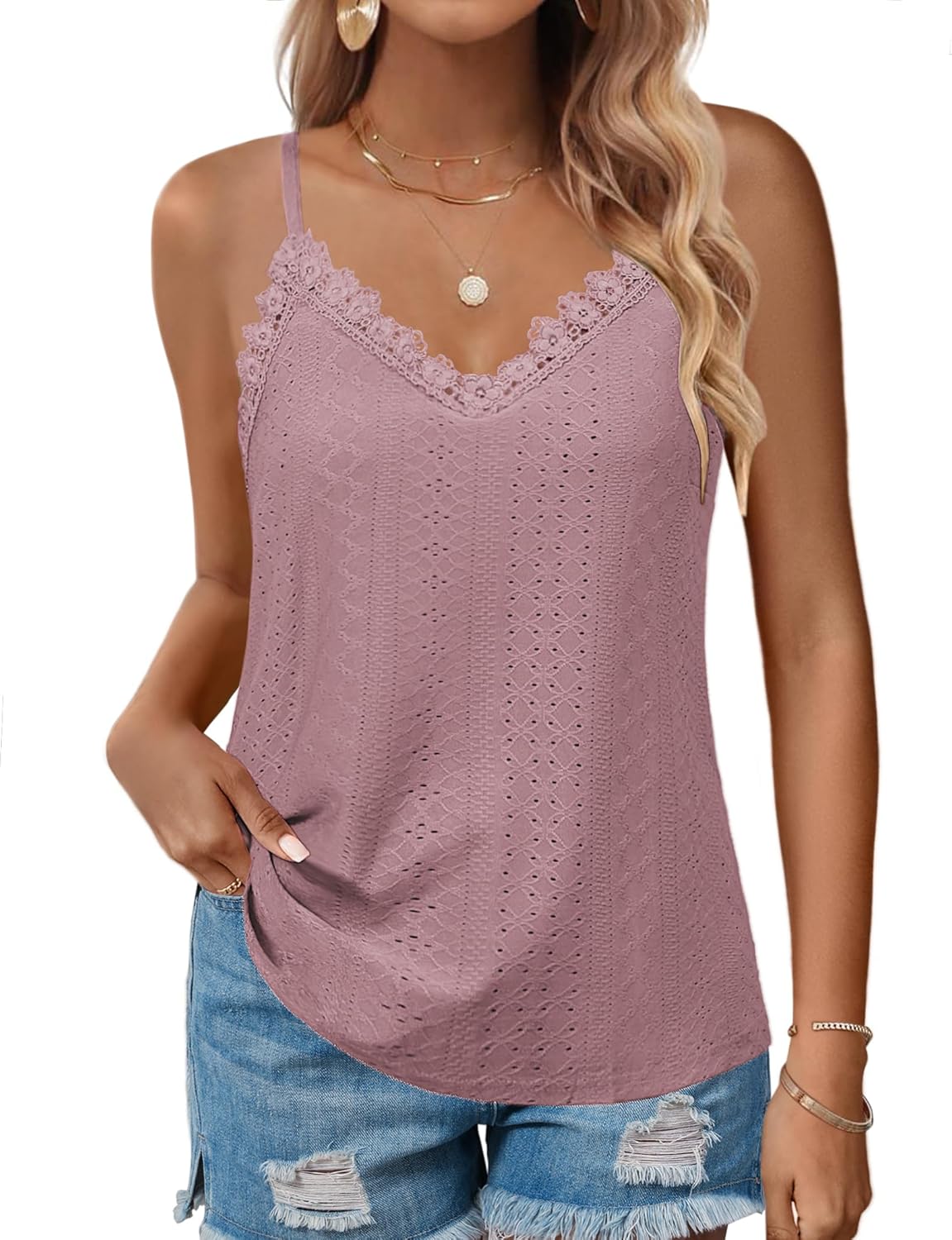 HOTOUCH Camisole for Women V Neck Spaghetti Strap Tank Tops Sleeveless Blouses Loose Fit