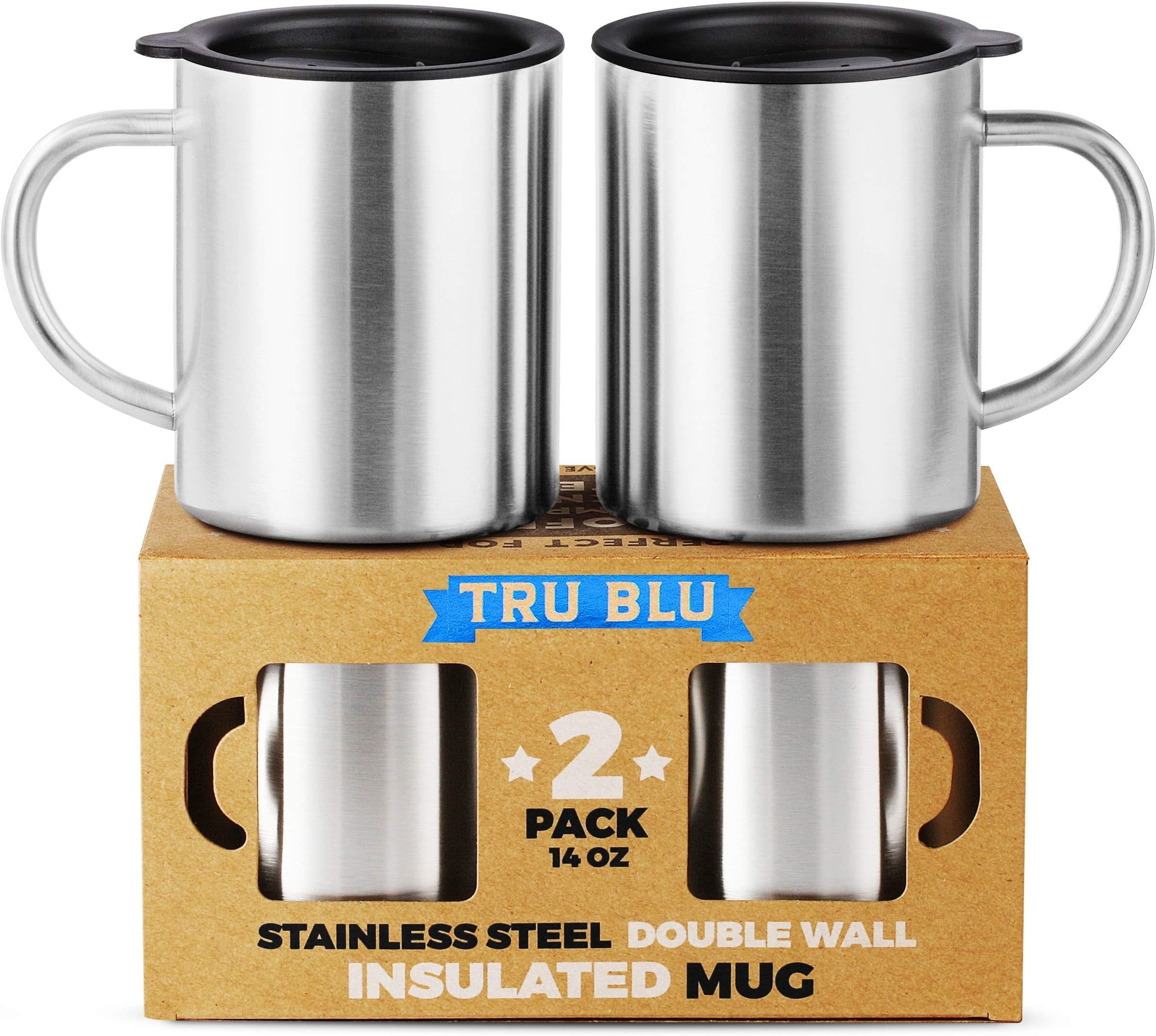 ELIXIR GLASSWARE Stainless Steel Coffee Mug with Lid Set of 2-10 oz - Leak Proof with Double Wall Insulated Coffee Mug with Handle & Lid - Travel Mug - Double Walled Coffee Cup