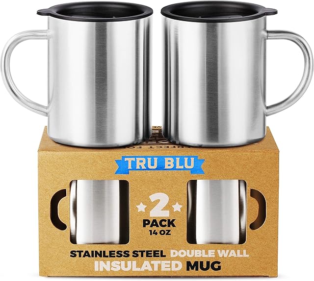 Stainless Steel Coffee Mug with Lid, Set of 2  14 oz Premium Double Wall Insulated Travel Cup, Metal Mug with Handle  Shatterproof, BPA Free, Dishwasher Safe
