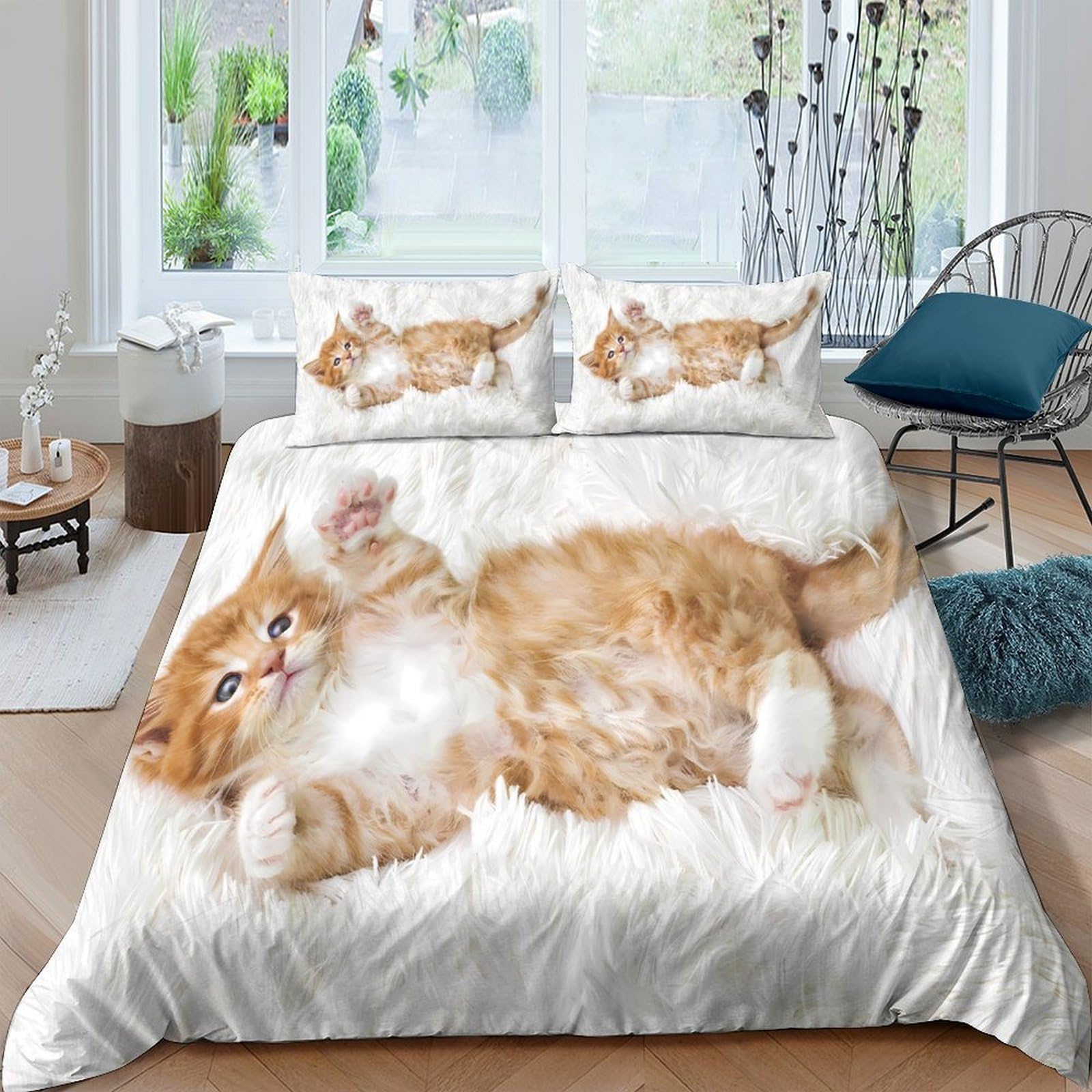 Ctjqhvkz Style-10 3D Printed Ginger Cat Fitted Sheet Microfiber Soft Anti-Slip Fluffy Kitten Mattress Cover For Bedroom Dorm Bed Decor Single（135X200cm）